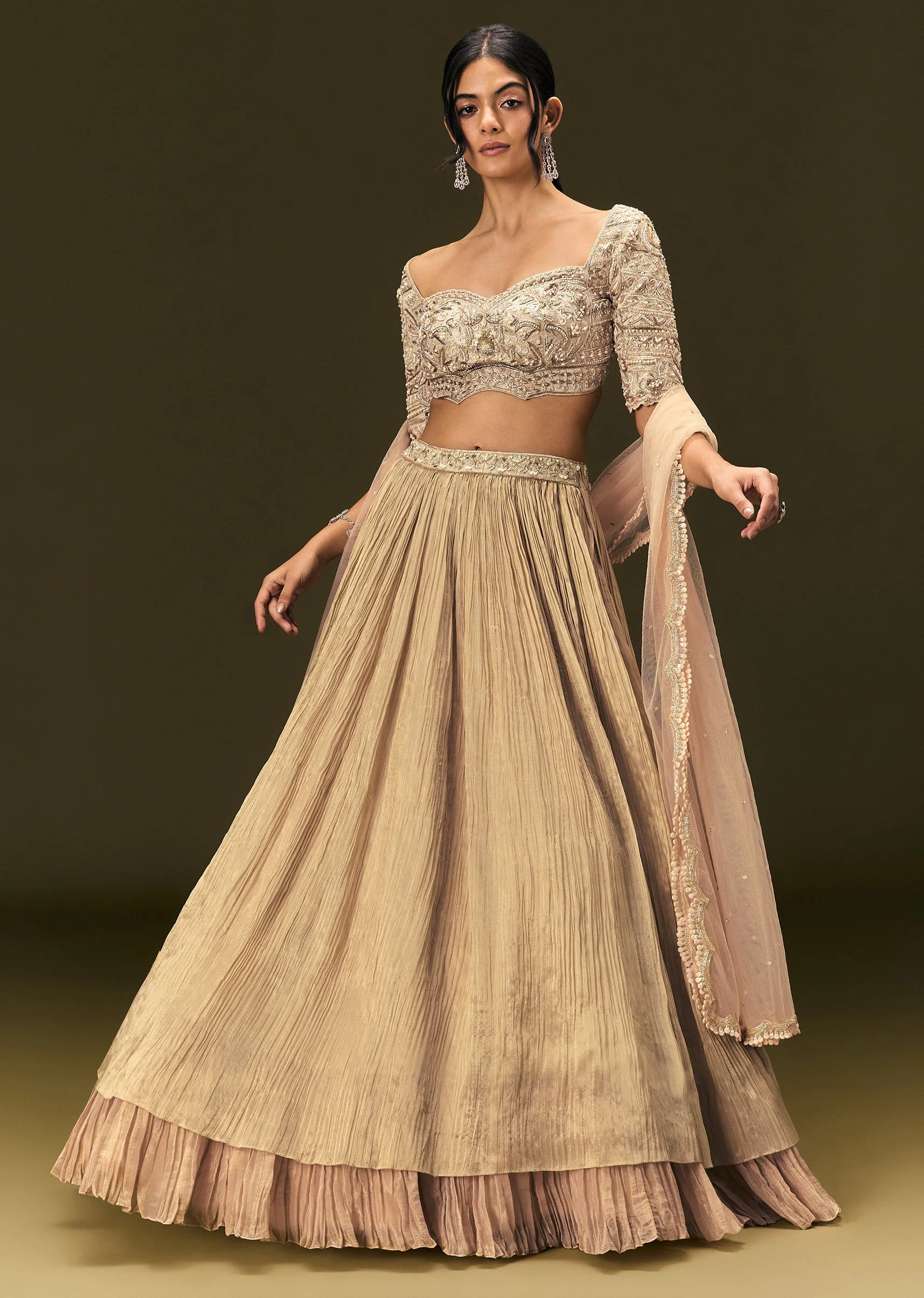 Light Peach Banarasi Silk Lehenga Dupatta With Embroidered Blouse - Image 4