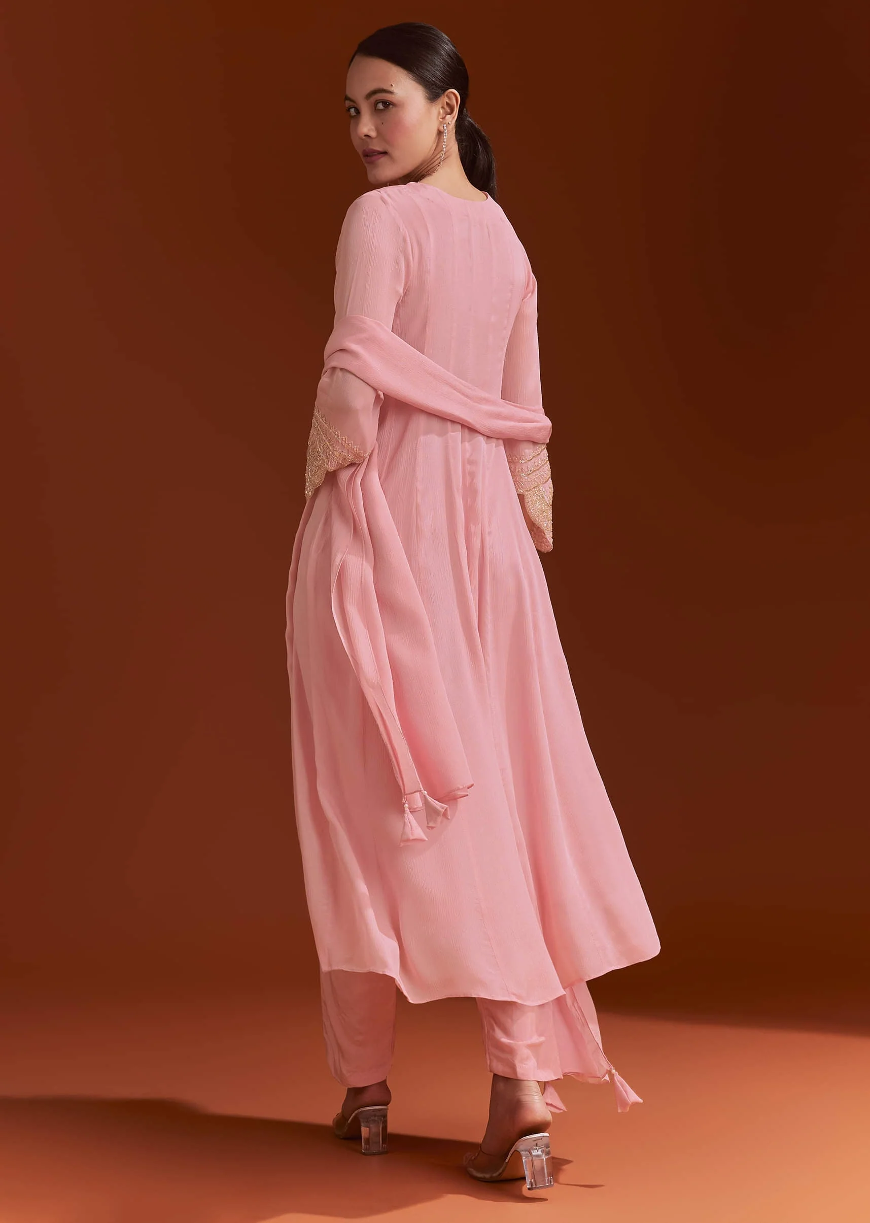 Light Pink Chinon Anarkali Suit With Cut Dana And Beads Work - Image 5