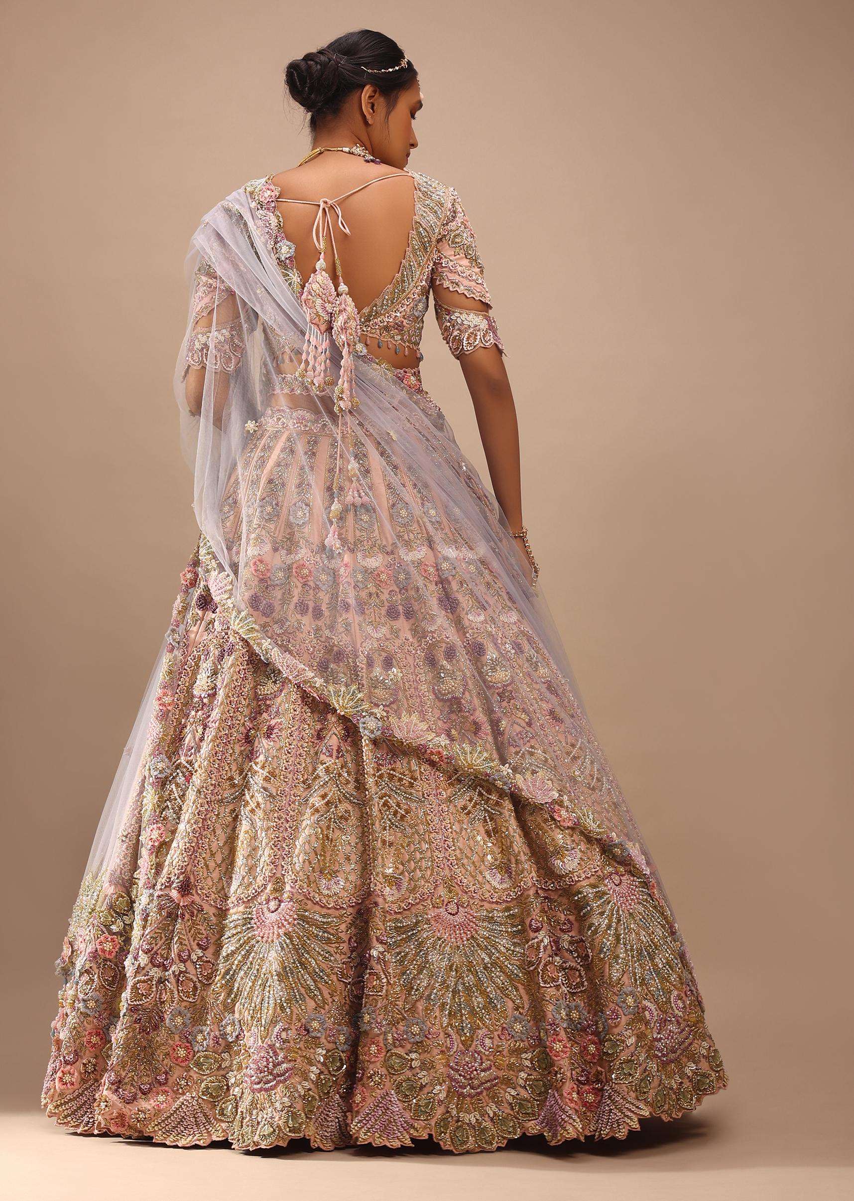 Light Pink Lehenga Set With A Choli In Moti Embroidery, Crop Top Comes In Half Sleeves With Cut Work - Image 6