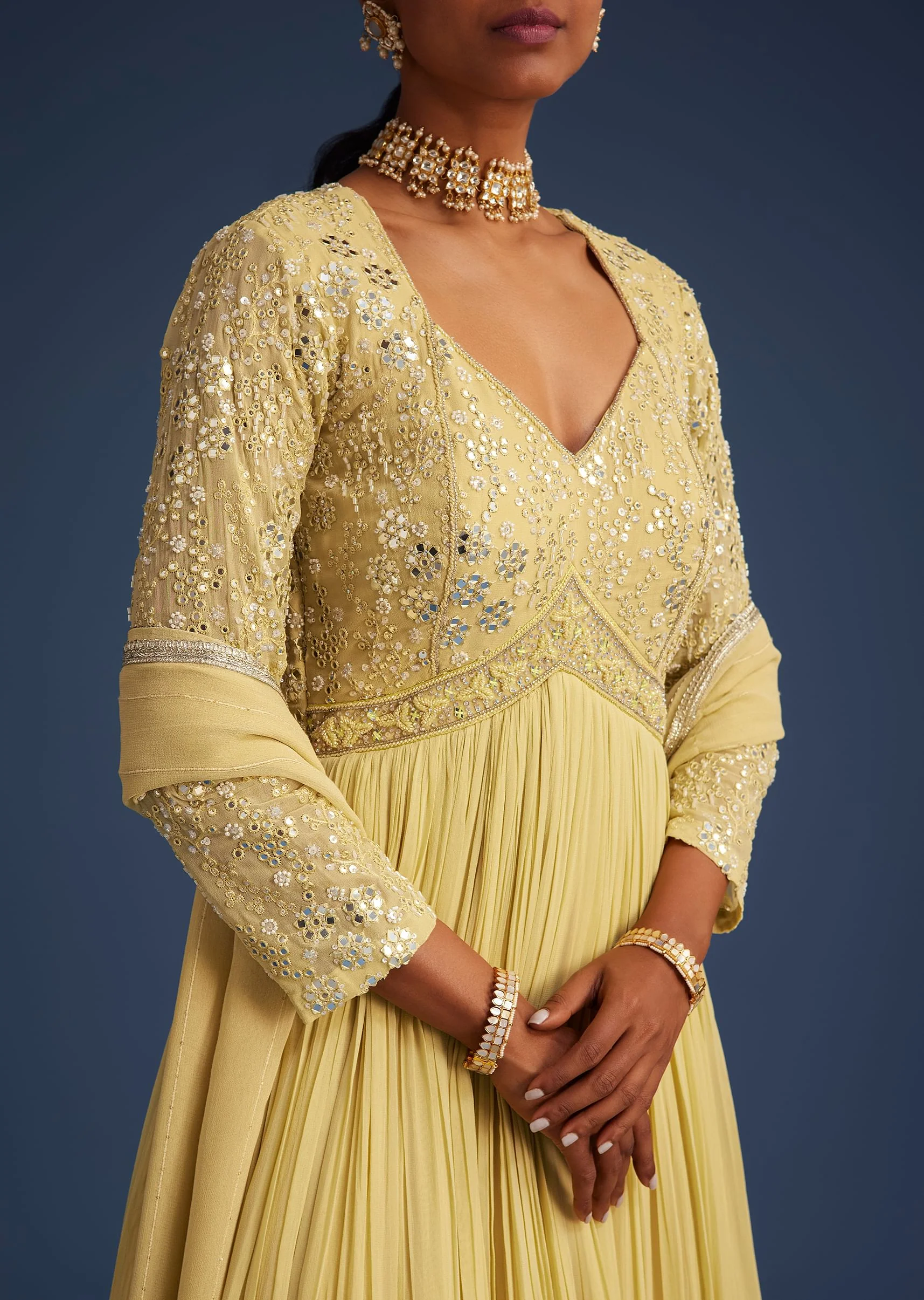 Light Yellow Georgette Anarkali With Mirror And Sequin Work - Image 2