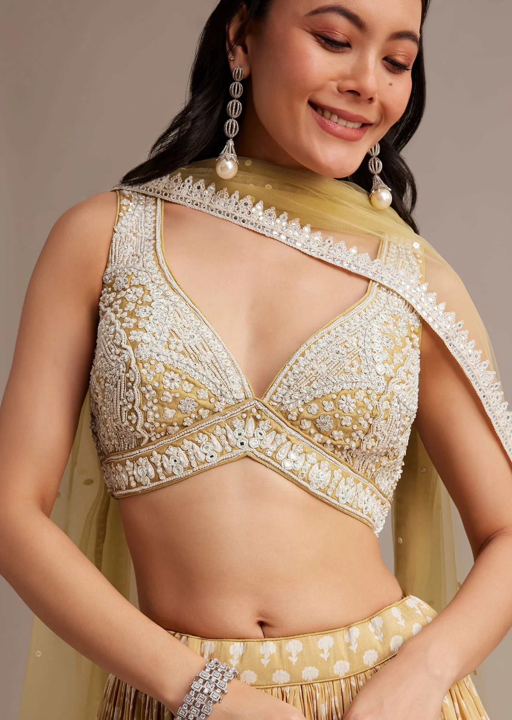 Light Yellow Printed Lehenga Set With Mirror And Moti Work - Image 2