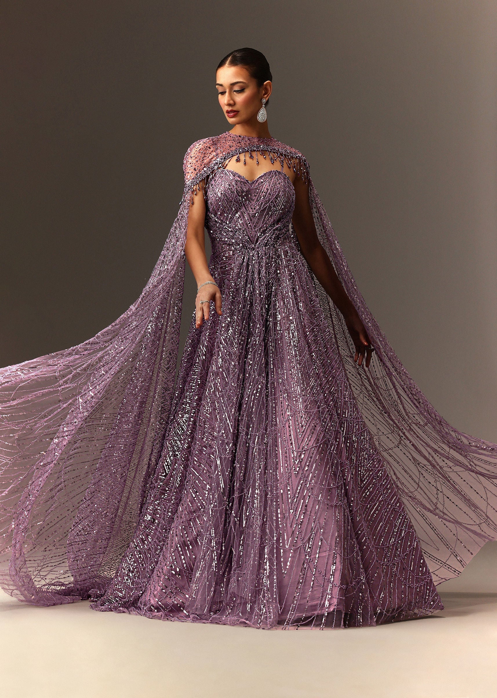 Lilac Sequin Gown With Attached Cheeta Work Cape Sleeves - Image 3