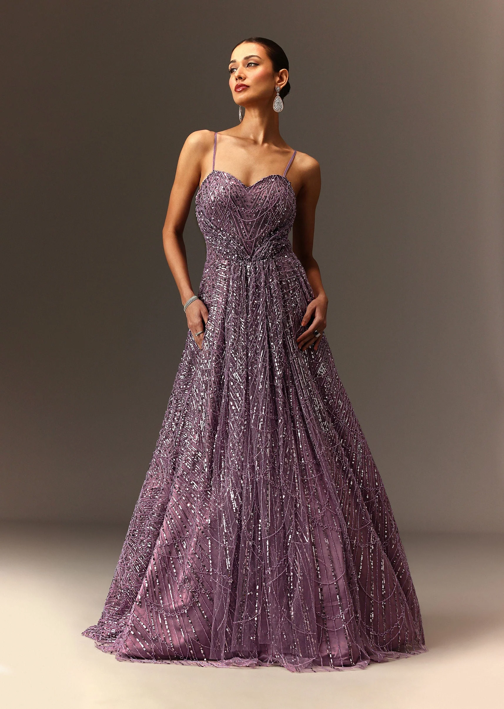 Lilac Sequin Gown With Attached Cheeta Work Cape Sleeves - Image 7