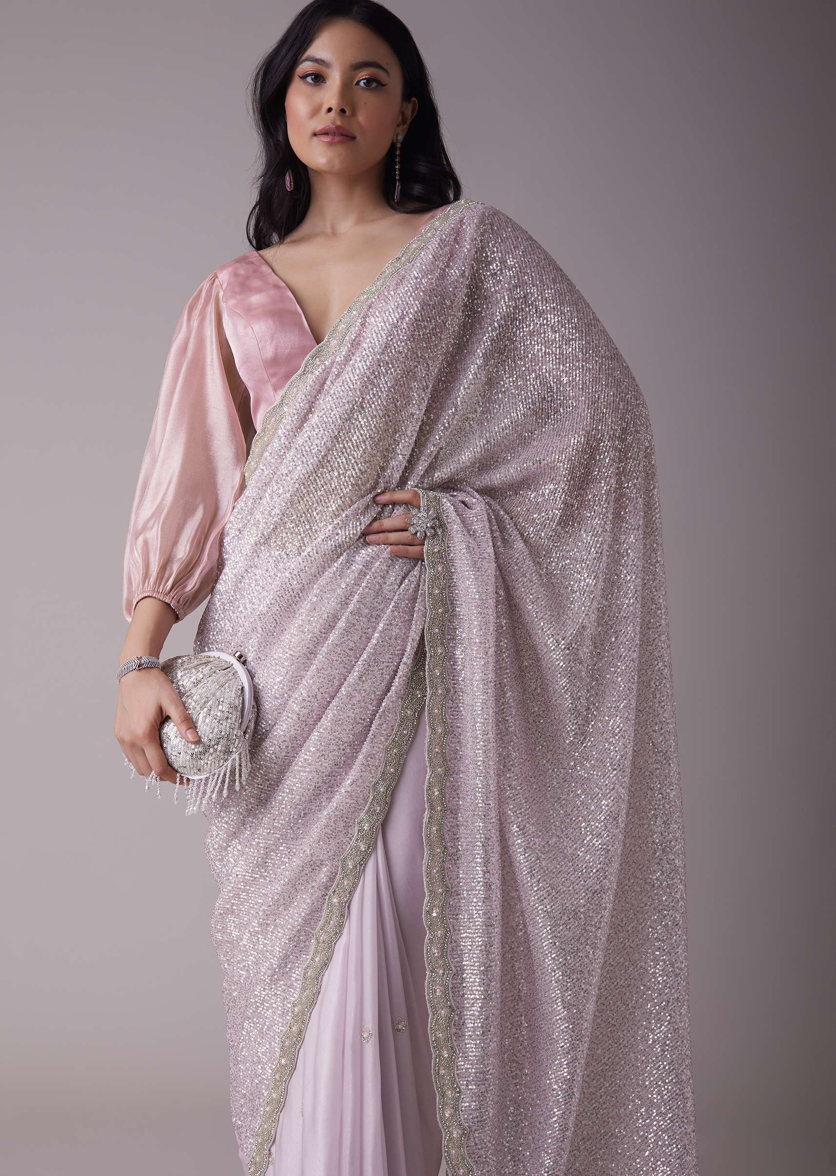 Lavender Purple Sequins Saree With An Embellished Border - Image 2