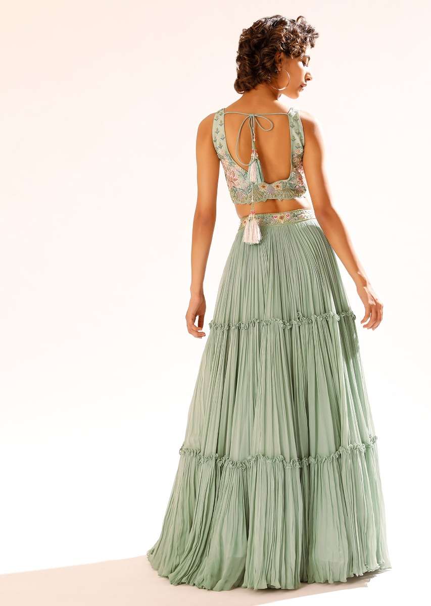 Lily Green Tiered Lehenga With Colorful Resham And Moti Embroidery In Floral Motifs - Image 4