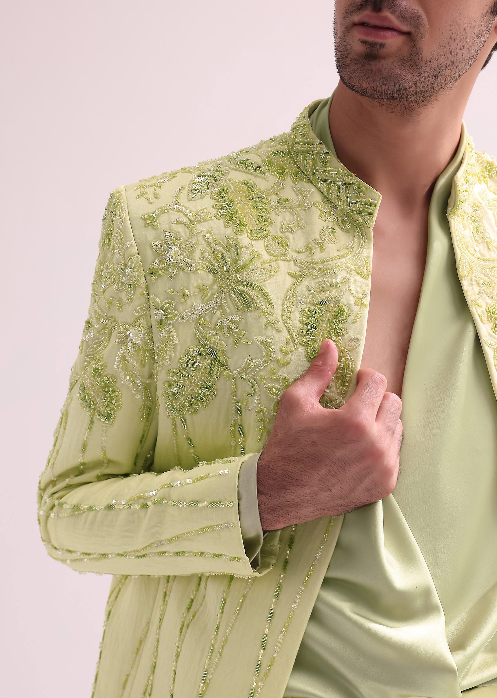 Lime Bandhgala Jacket And Pant Set With Floral Embroidery - Image 3