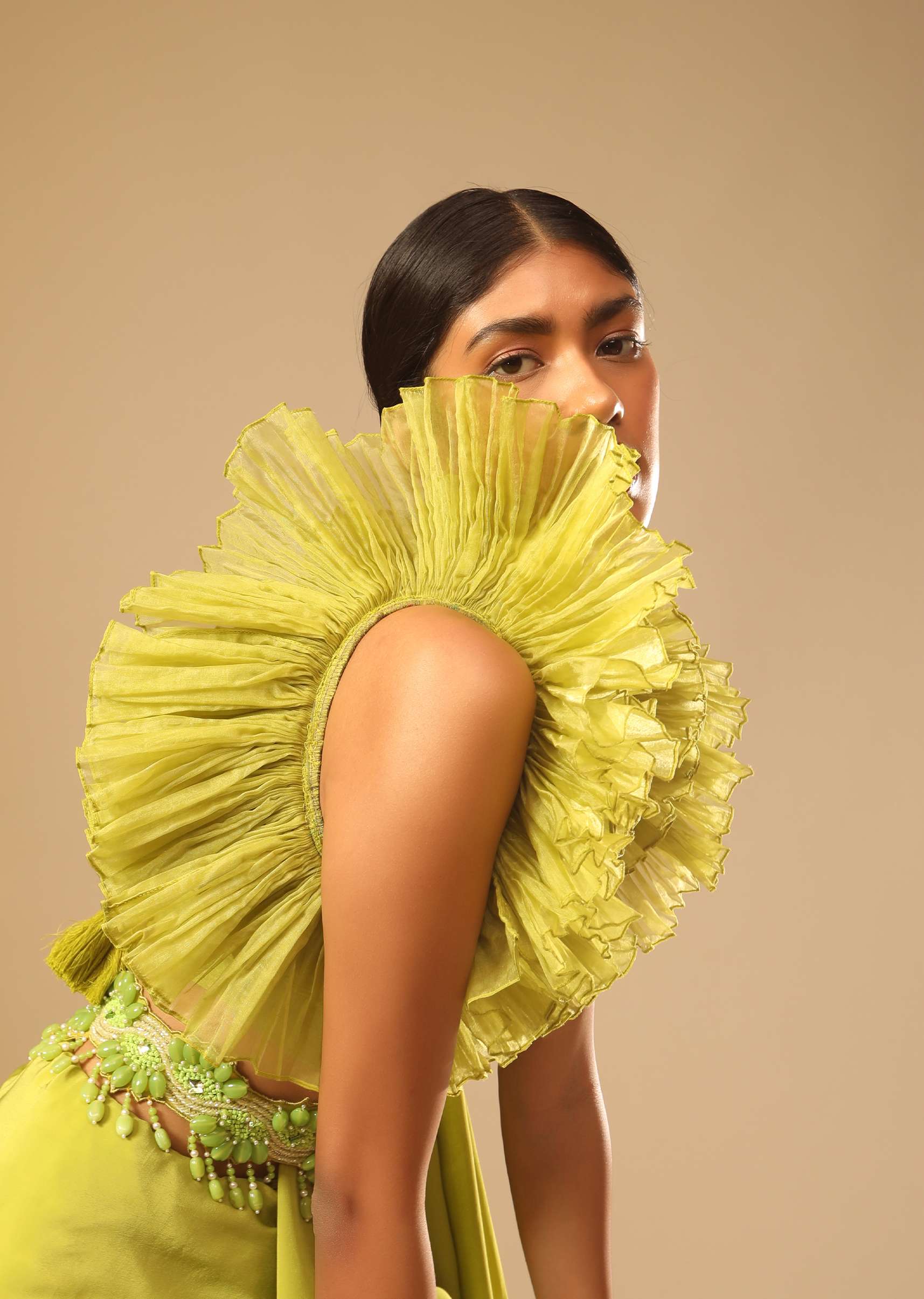 Lime Green Saree In Crepe With Elaborate Ruffle Sleeved Crop Top And Heavy Stone Embroidered Belt - Image 5