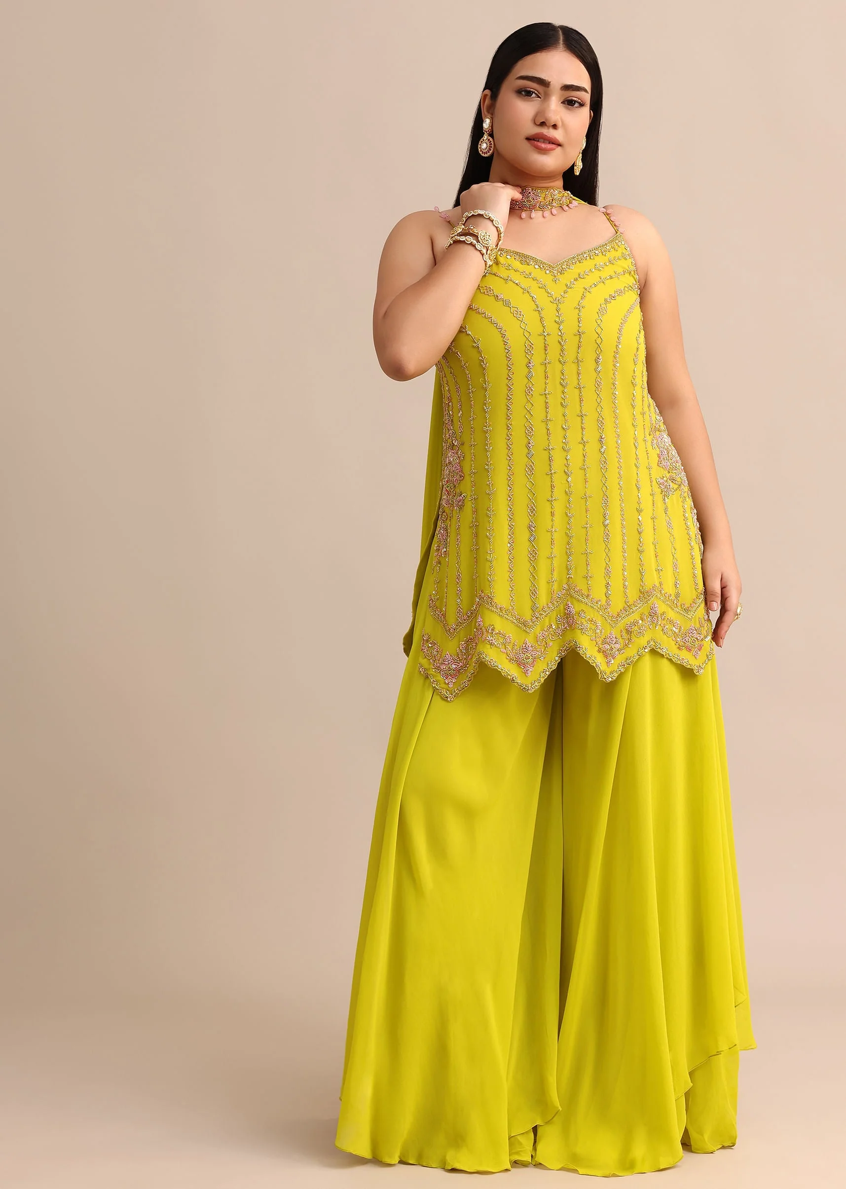 Lime Green Sharara Suit With Choker Dupatta - Image 3