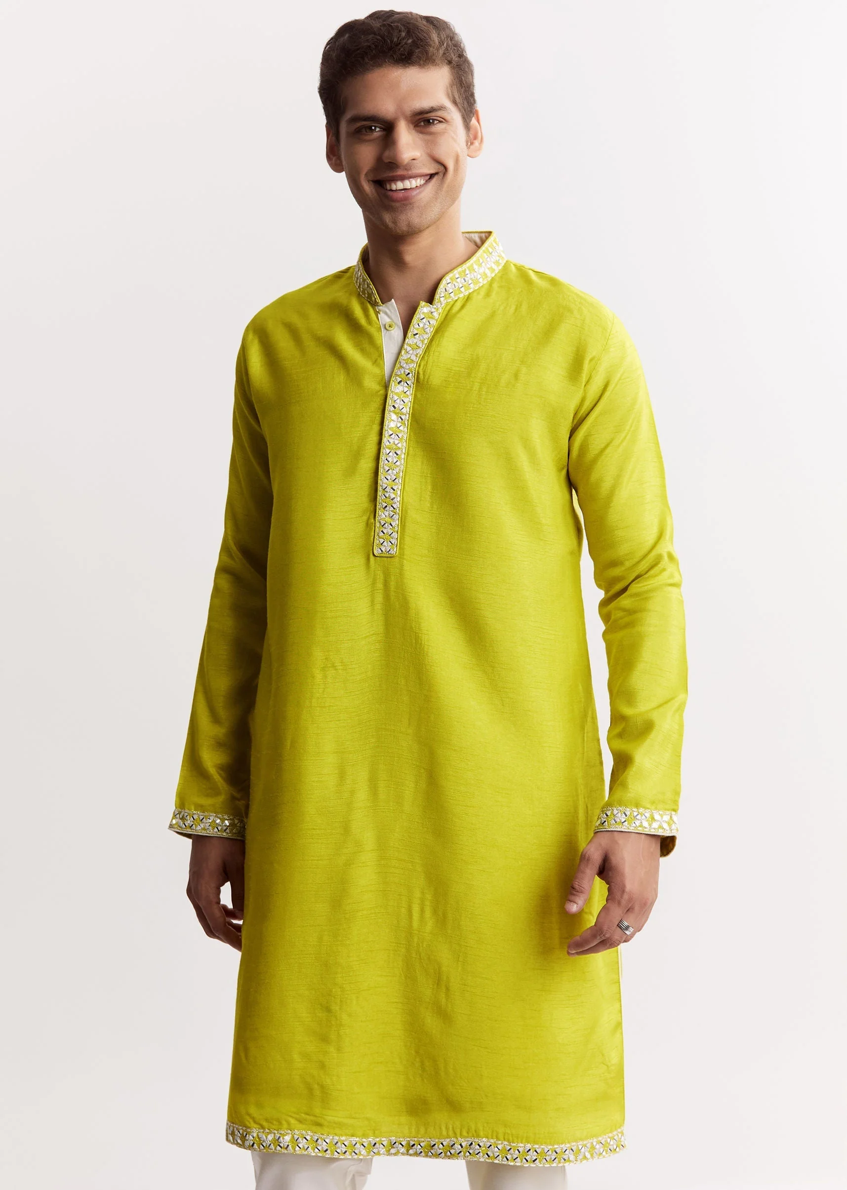Lime Green Silk Jacket Kurta Set With Gotta Embroidery - Image 6