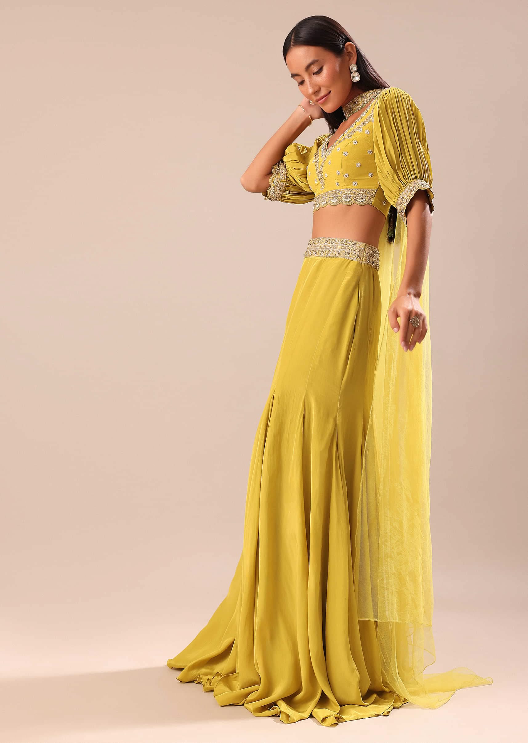 Lime Yellow Hand Embroidered Skirt And Blouse Set - Image 3