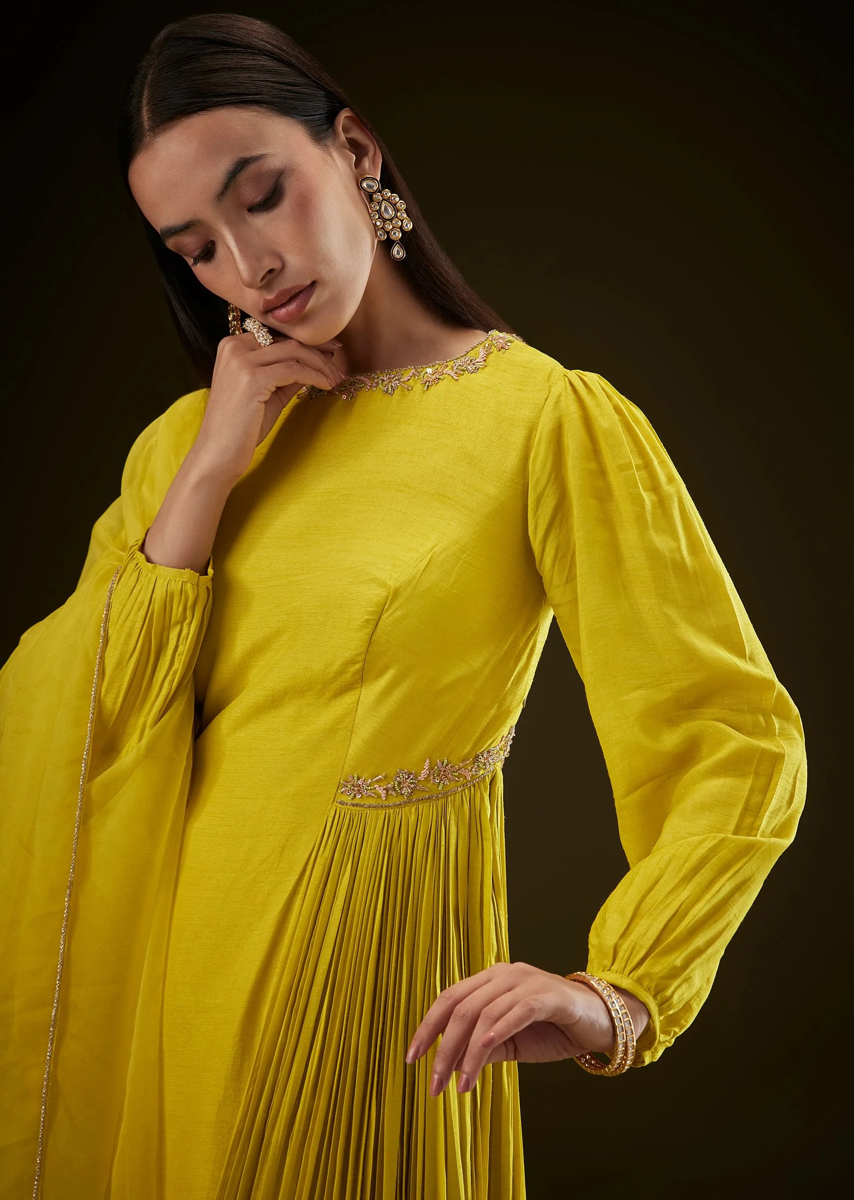 Lime Yellow Kurta With Ruching And Handwork - Image 2