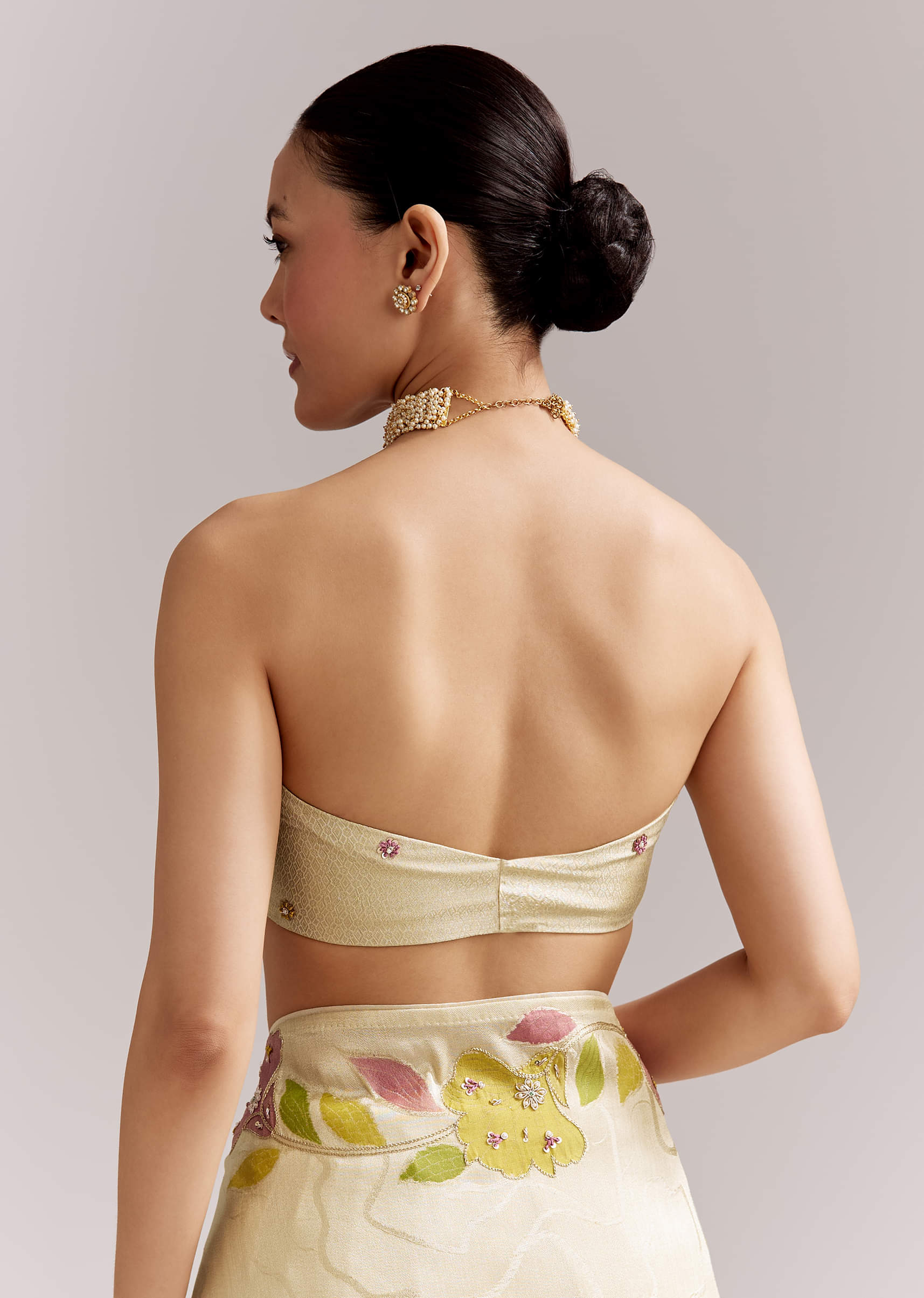 Lime Yellow Satin Saree With Digital Florals And Hand Embroidery - Image 8