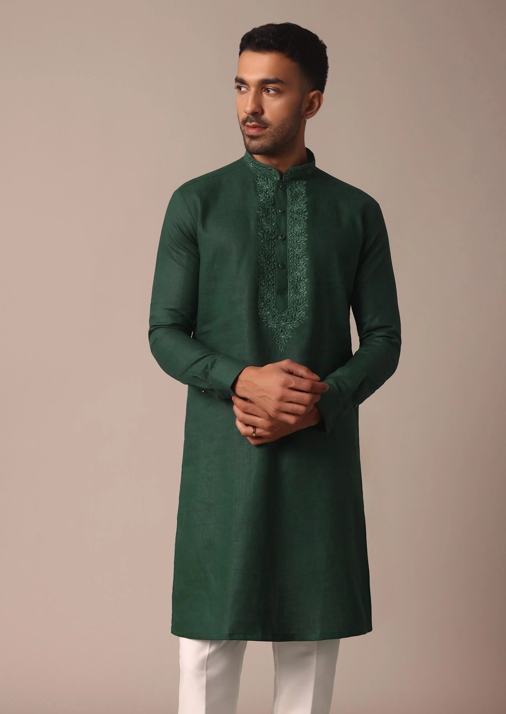 Lush Green Linen Kurta With Intricate Yoke Work - Image 3