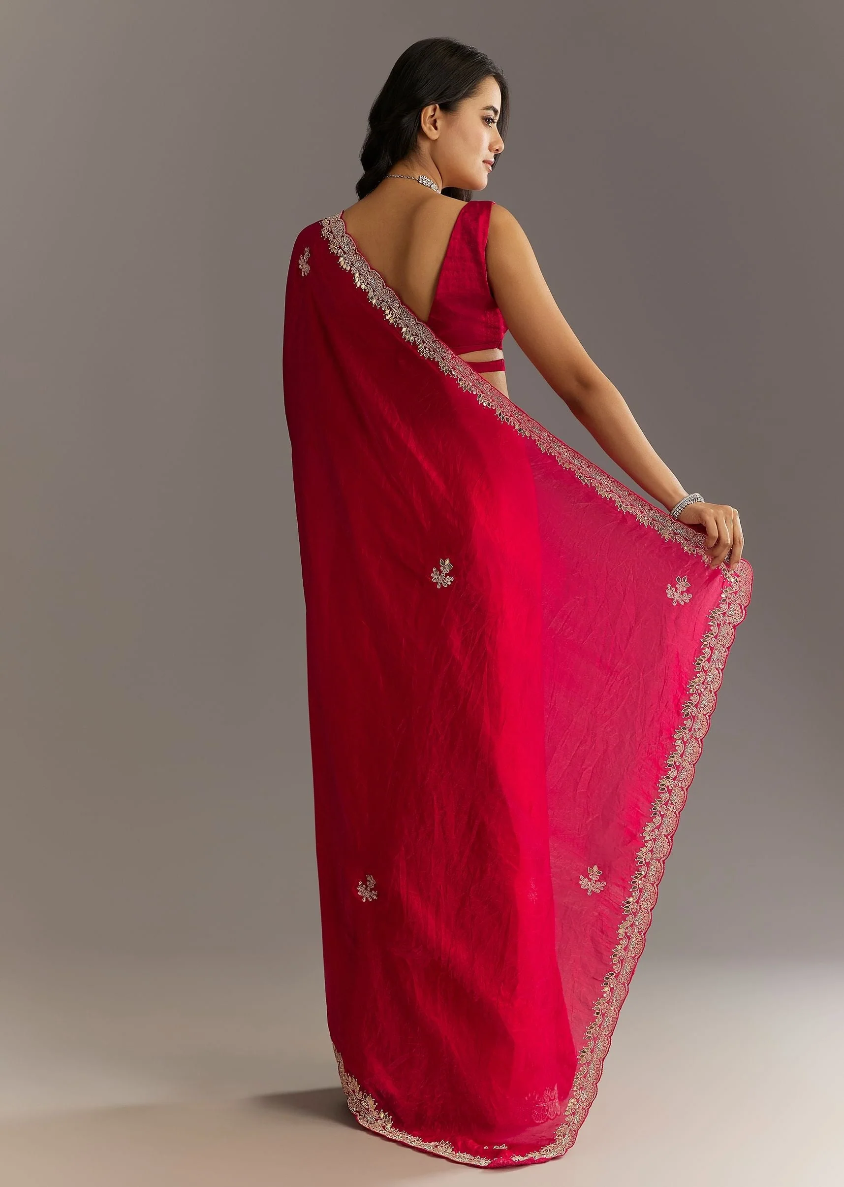 Magenta Gota Patti Embroidered Saree With Stones And Cutdana Work - Image 4