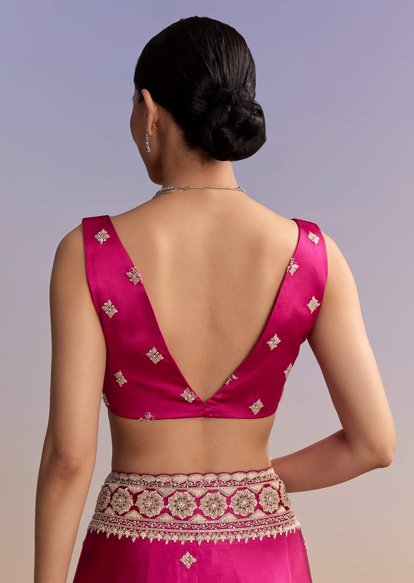 Magenta Pink Satin Saree With Floral Embroidered Border - Image 8