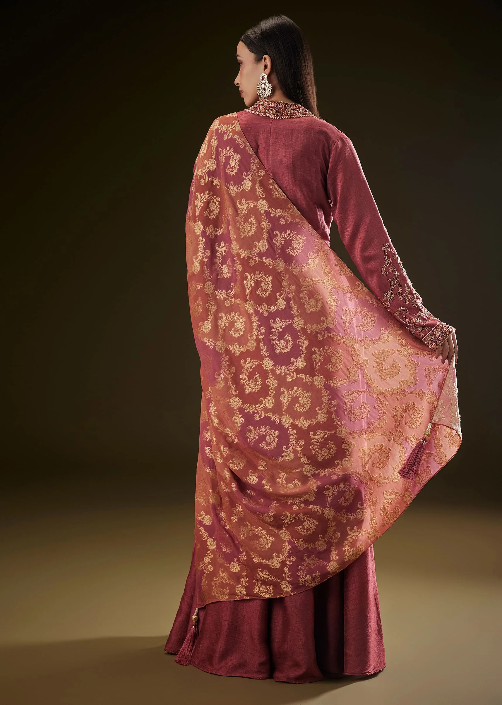 Maroon Raw Silk Embroidered Anarkali With Printed Dupatta - Image 5