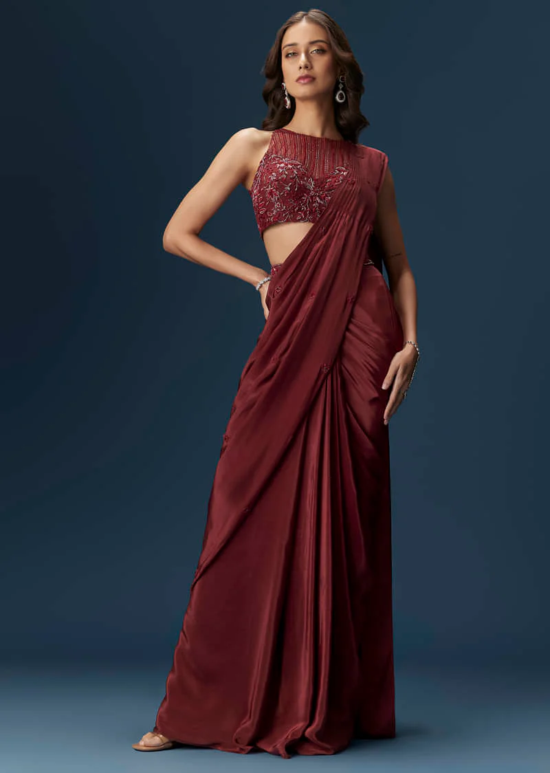 Maroon Ready Pleated Saree With High Neck Blouse - Image 4