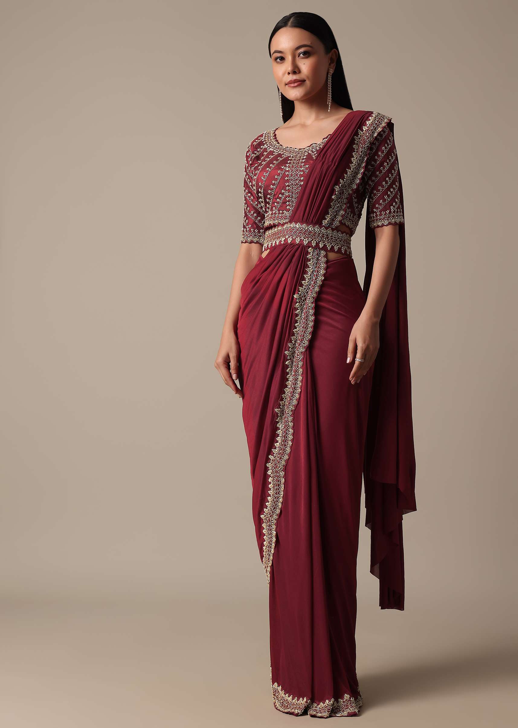 Maroon Readymade Saree With Embellished Blouse - Image 3