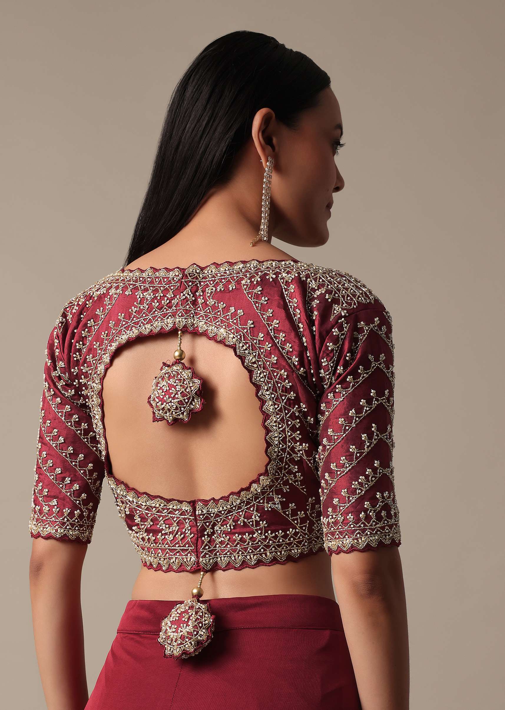 Maroon Readymade Saree With Embellished Blouse - Image 6