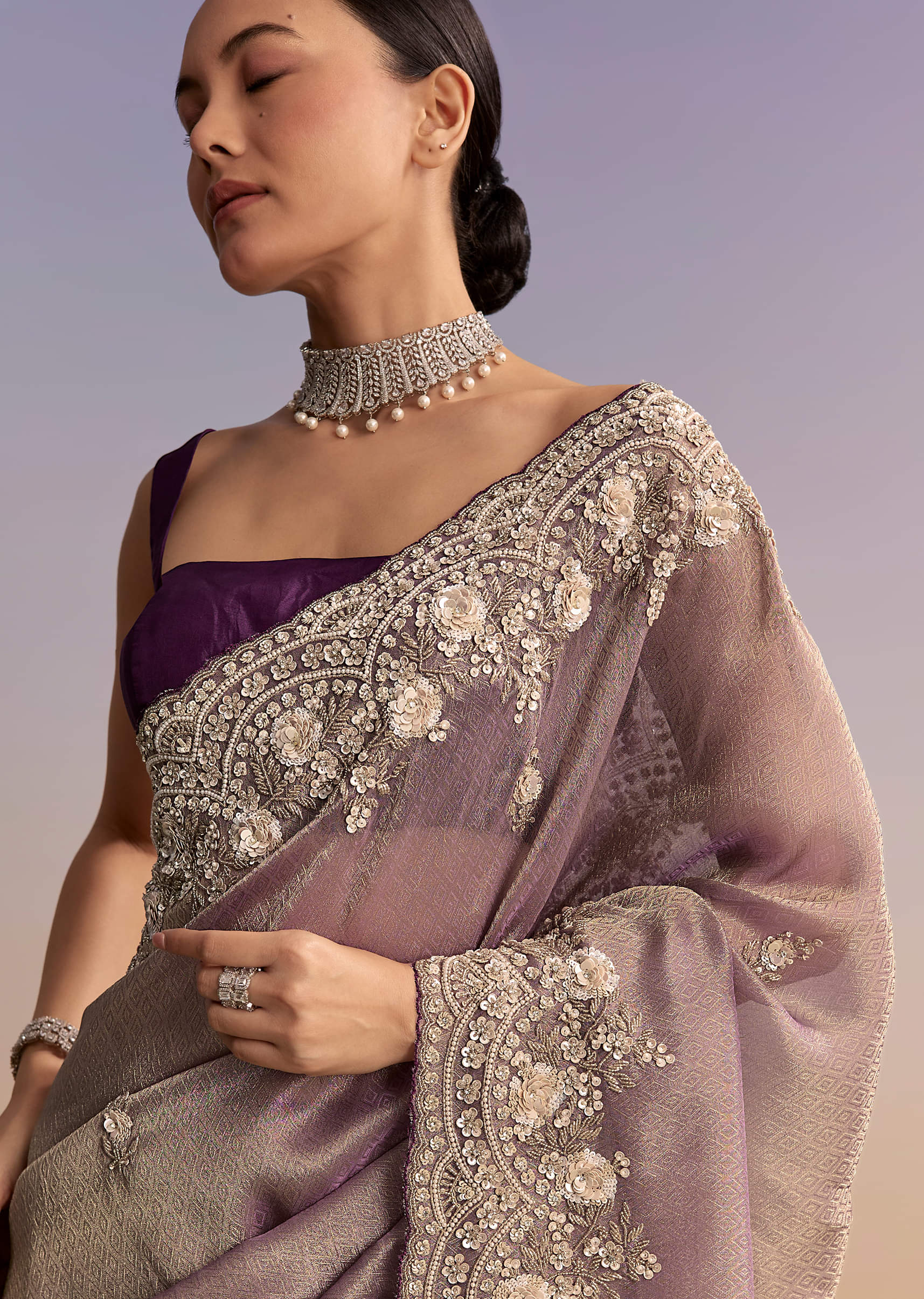 Mauve Jacquard Embroidered Saree With Floral Border - Image 2