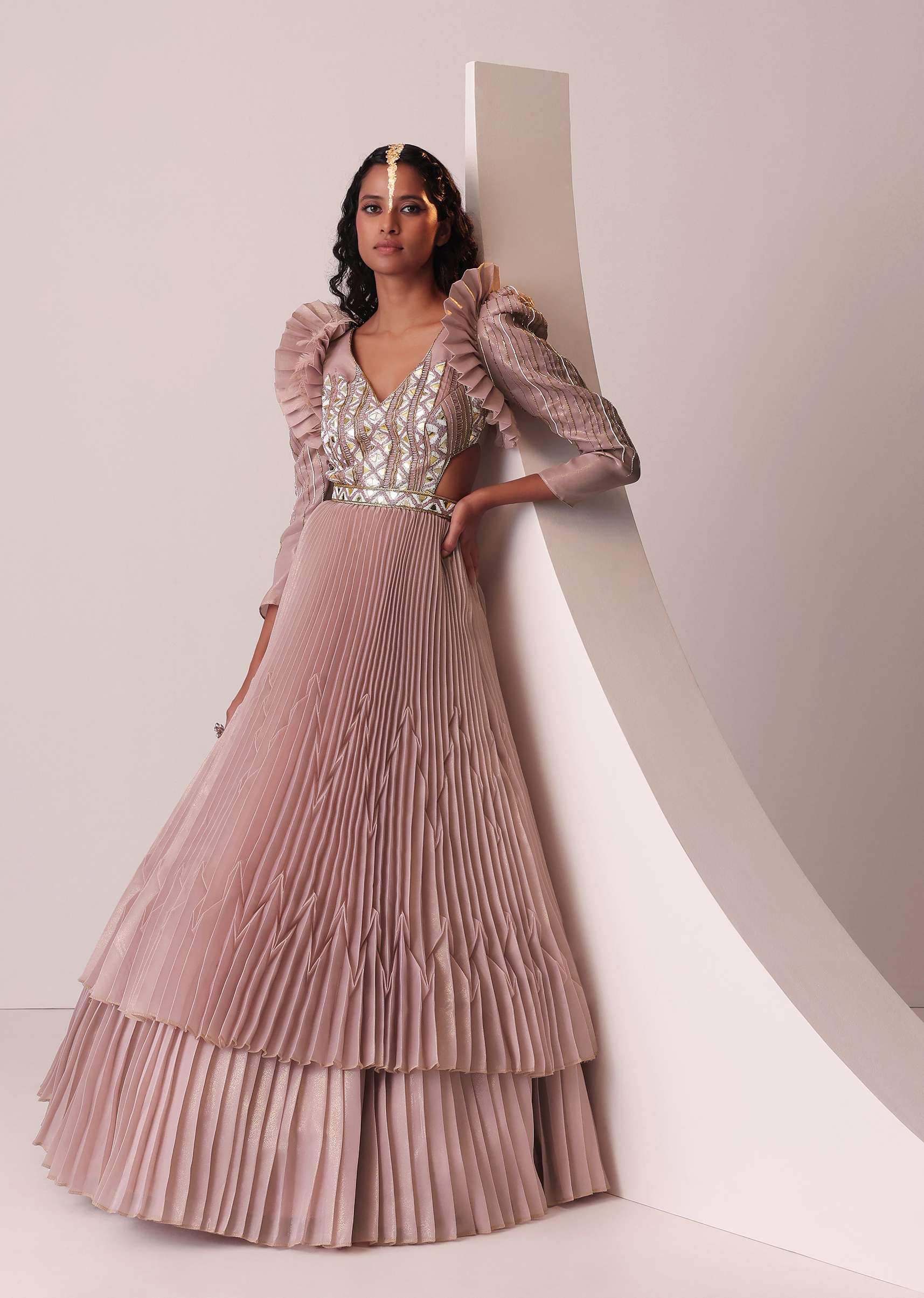 Mauve Pink Tiered Embroidered Gown In Organza With Frill Shoulder-Tops - Image 2
