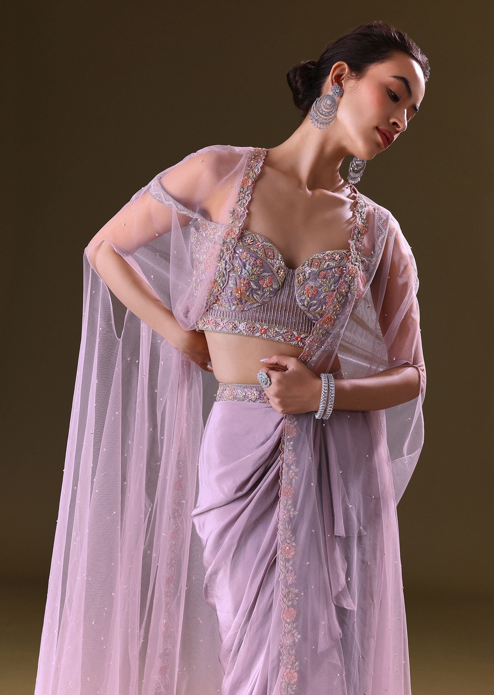 Mauve Ruffled Drape Skirt With Embroidered Blouse And Net Cape - Image 2