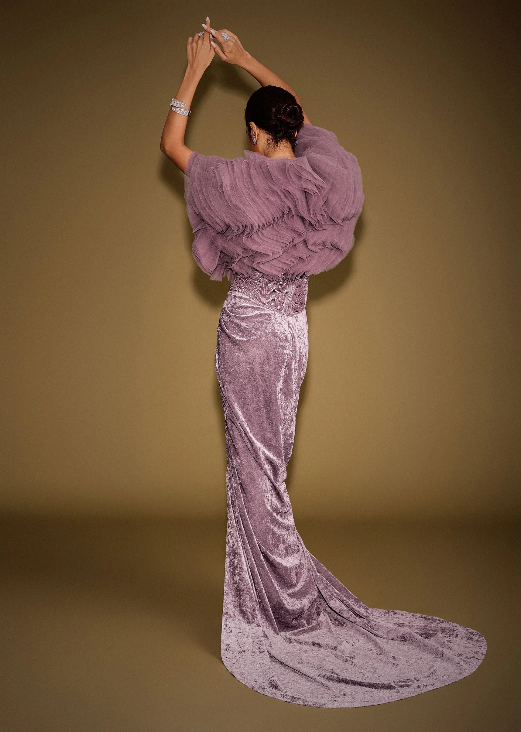 Mauve Velvet Embroidered Corset Set With Drape Skirt And Ruffled Jacket - Image 6