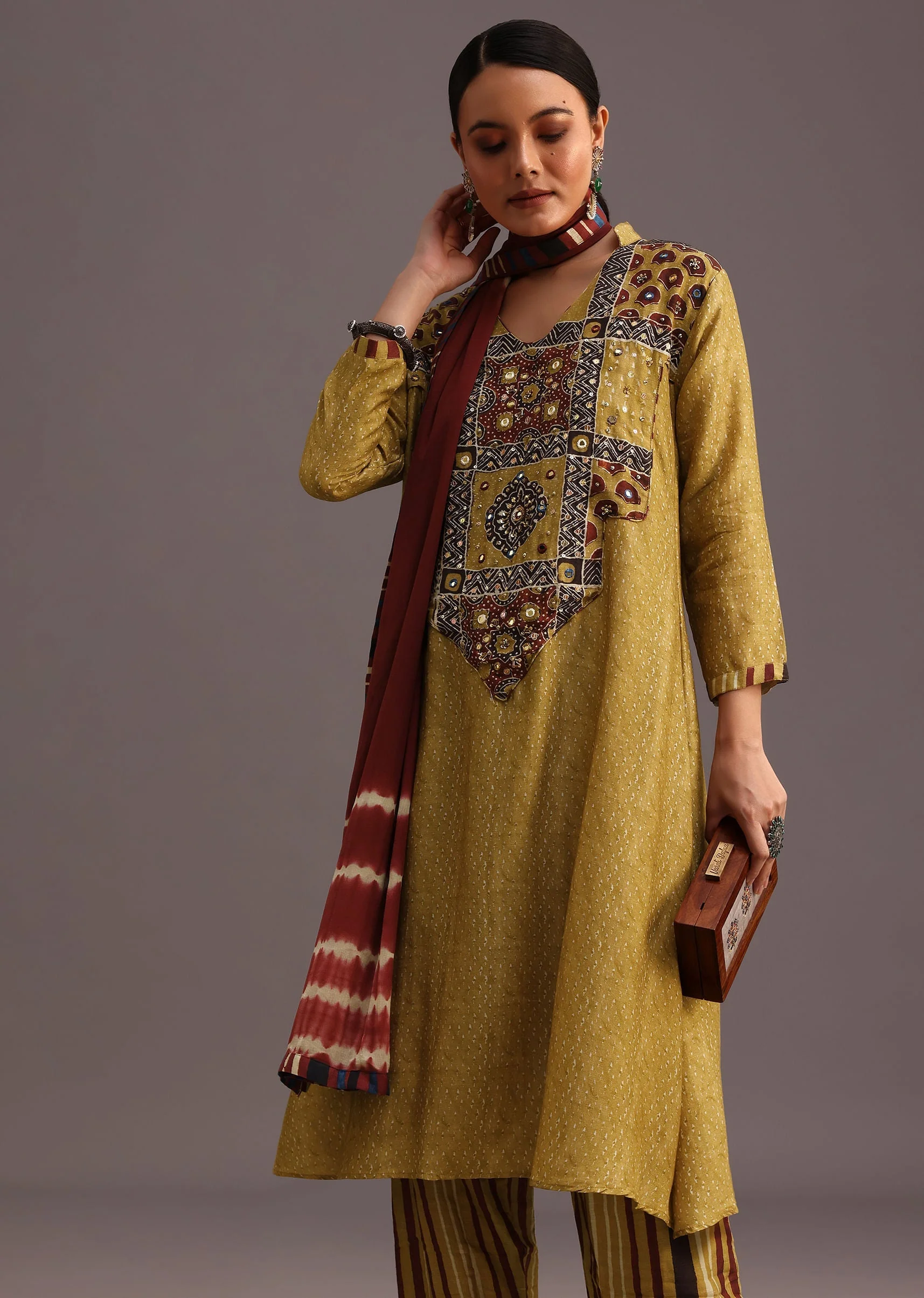Mehendi Green Ajrakh Printed Kurti With Stripe Printed Salwar - Image 4