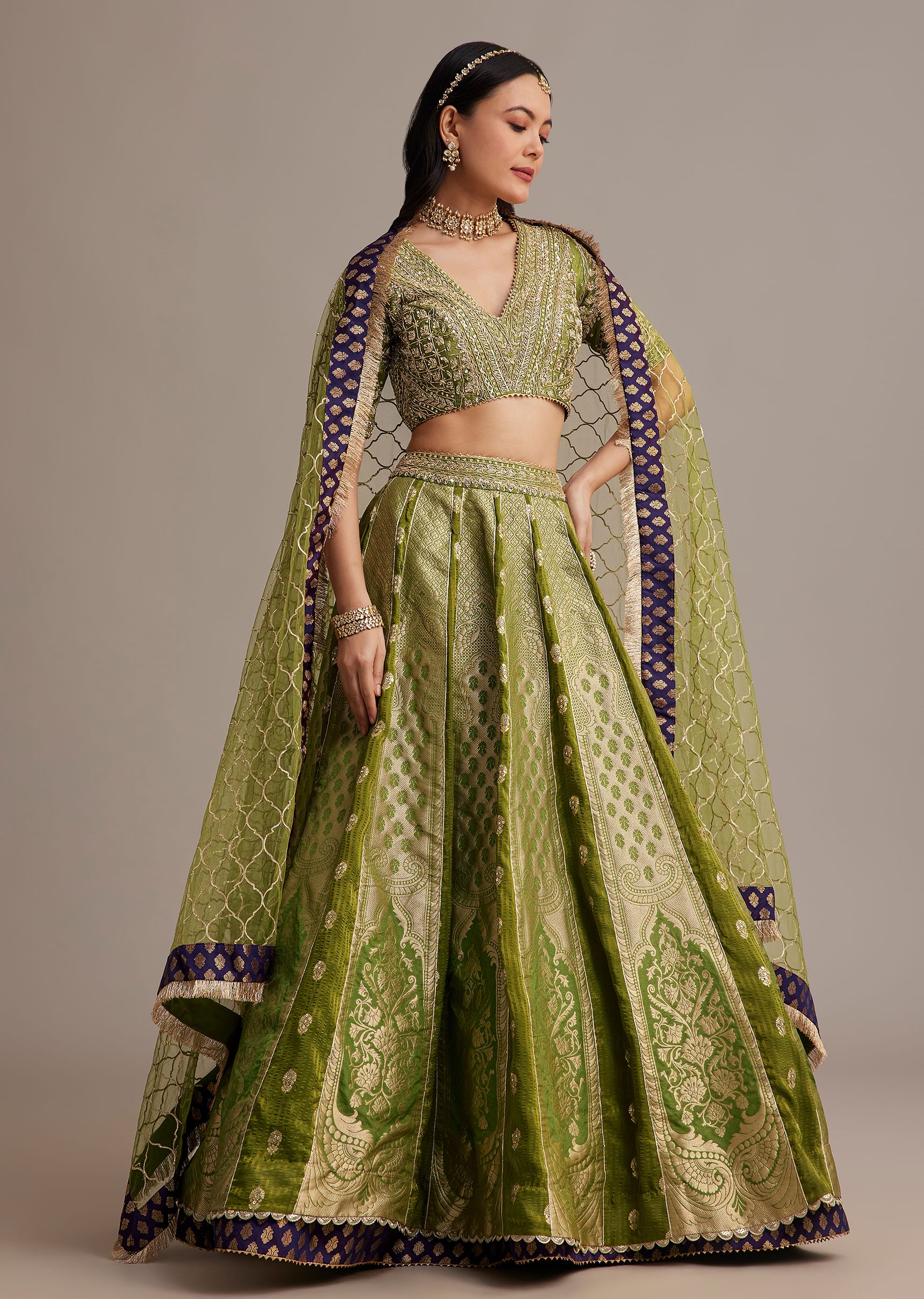 Mehendi Green Banarasi Silk Lehenga Set With Zardosi Work - Image 3