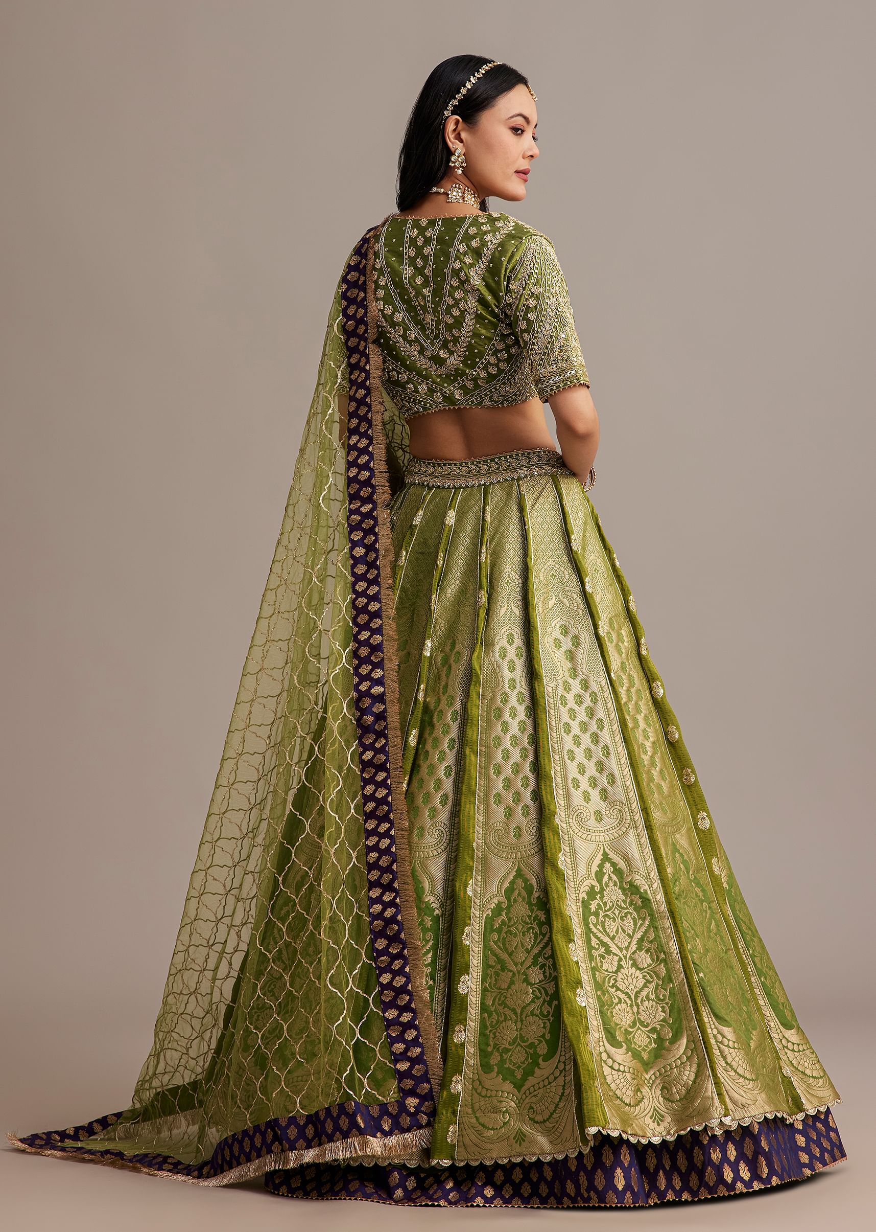 Mehendi Green Banarasi Silk Lehenga Set With Zardosi Work - Image 5