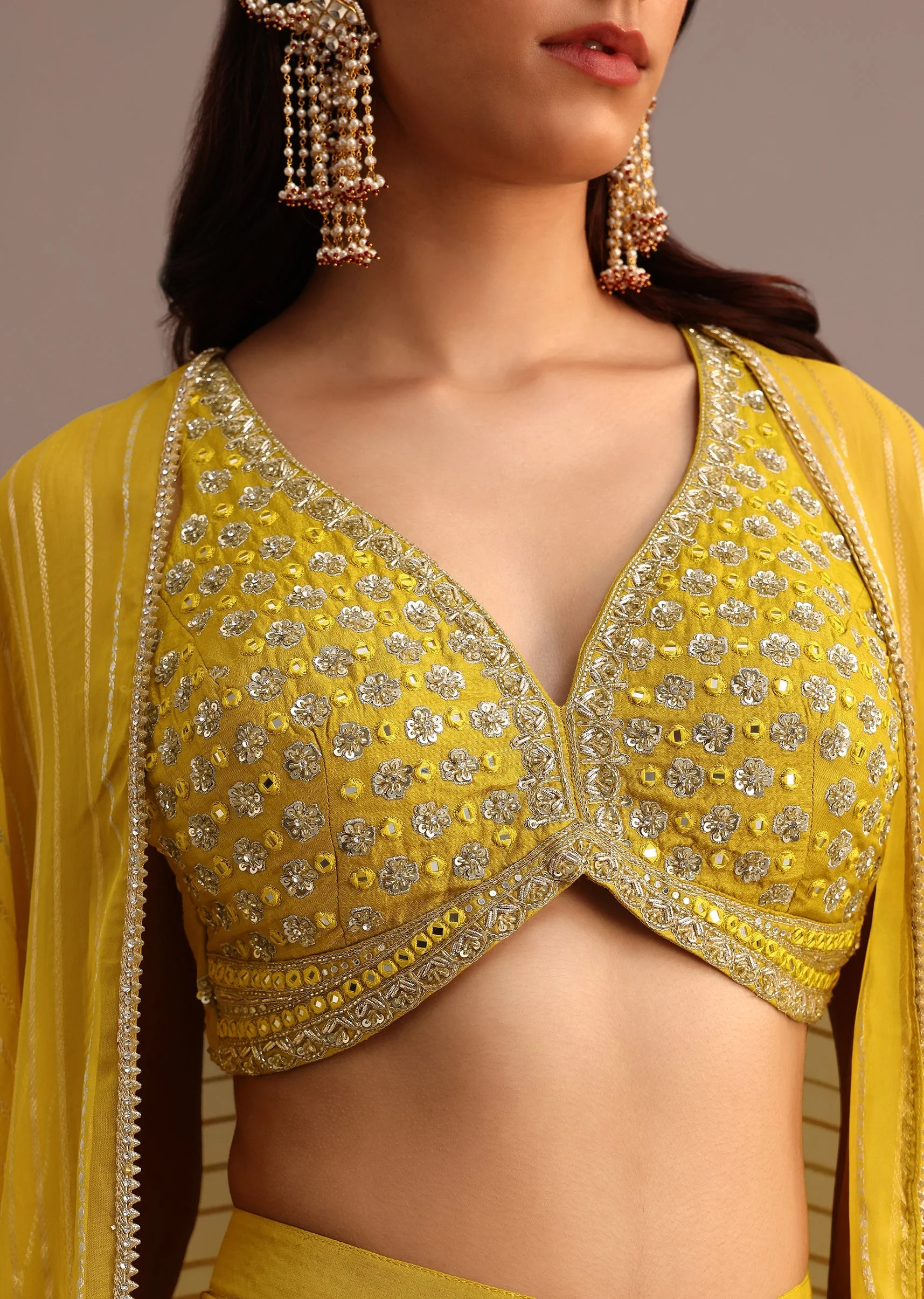 Mehendi Green Embroidered Croptop Skirt Set With Chanderi Jacket - Image 2
