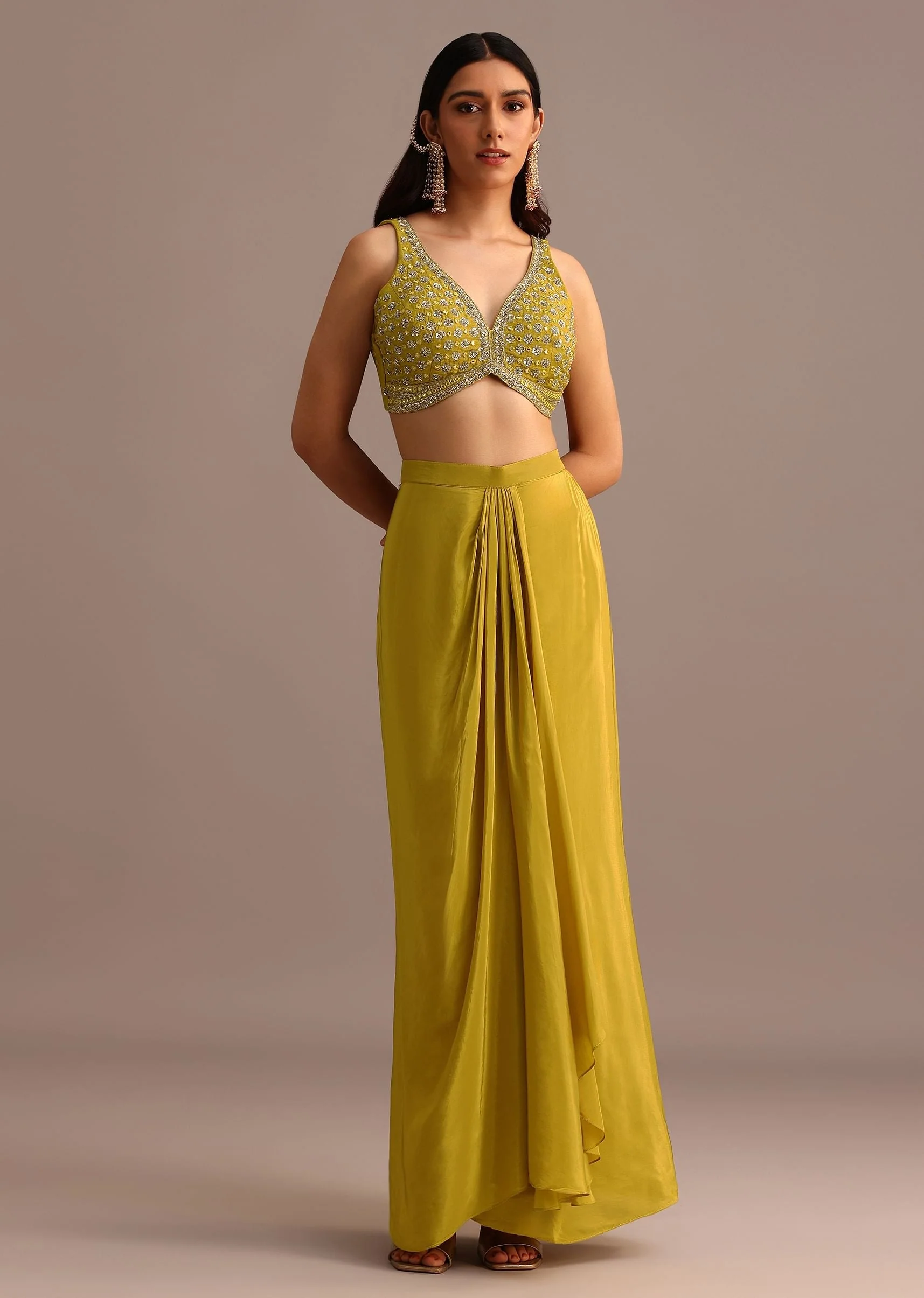 Mehendi Green Embroidered Croptop Skirt Set With Chanderi Jacket - Image 5
