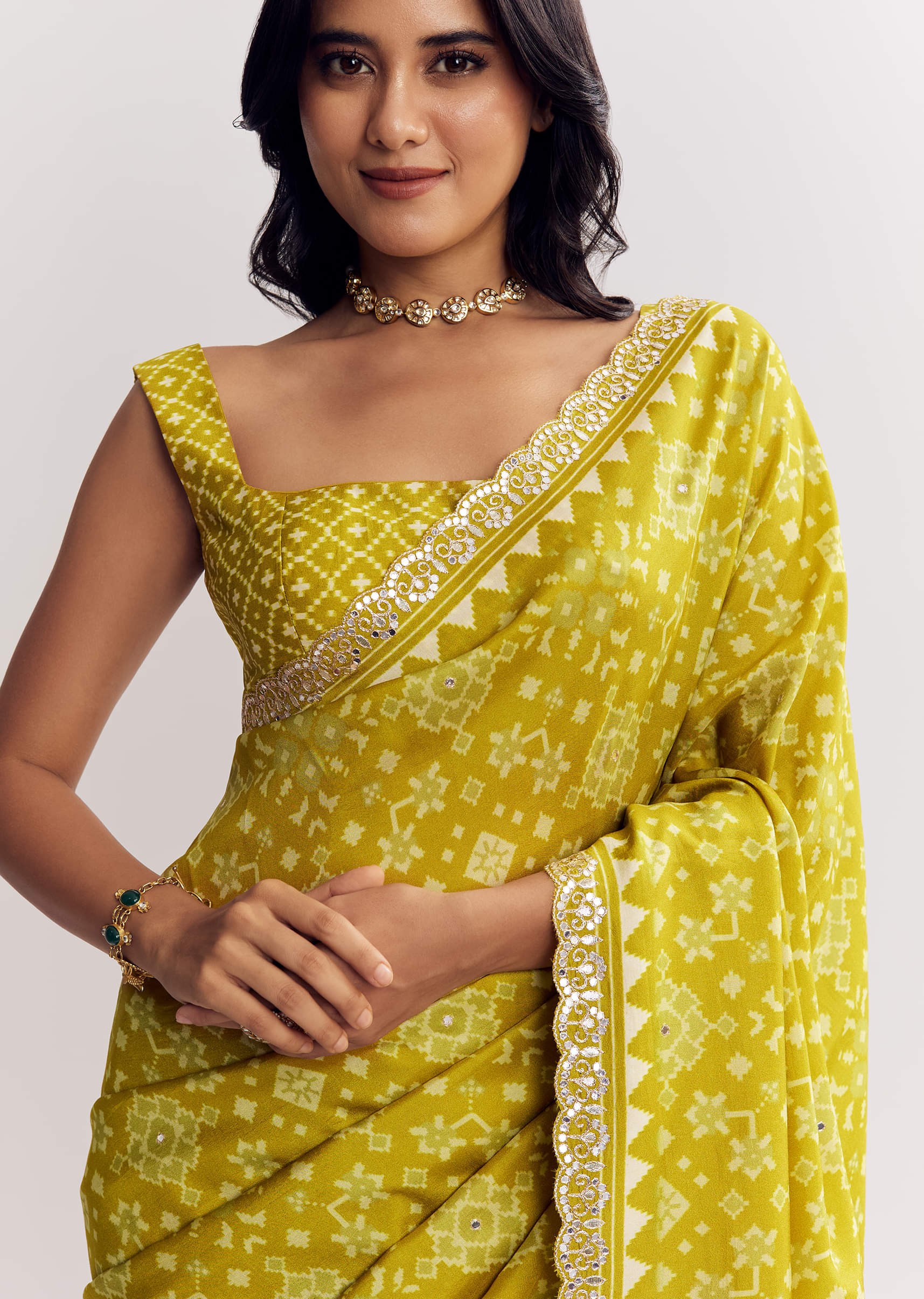 Mehendi Green Muslin Ajrakh Printed Saree With Gota And Mirror Work - Image 2