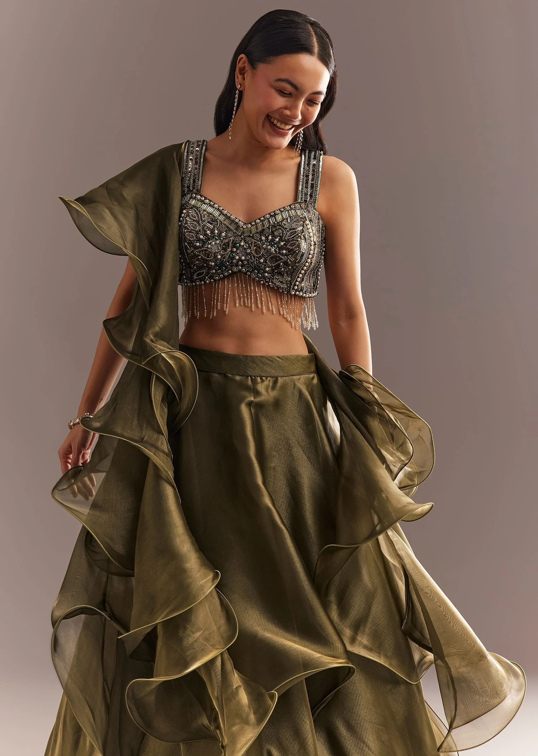 Mehendi Green Organza Choli Lehenga With Ruffled Dupatta - Image 4
