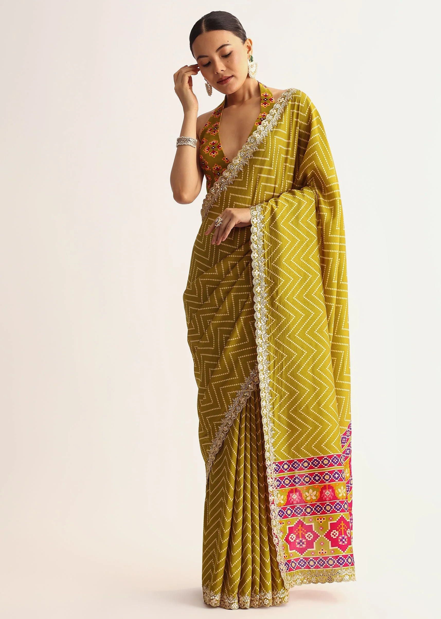 Mehendi Green Patola Printed Satin Saree With Scallop Embroidered Border - Image 3