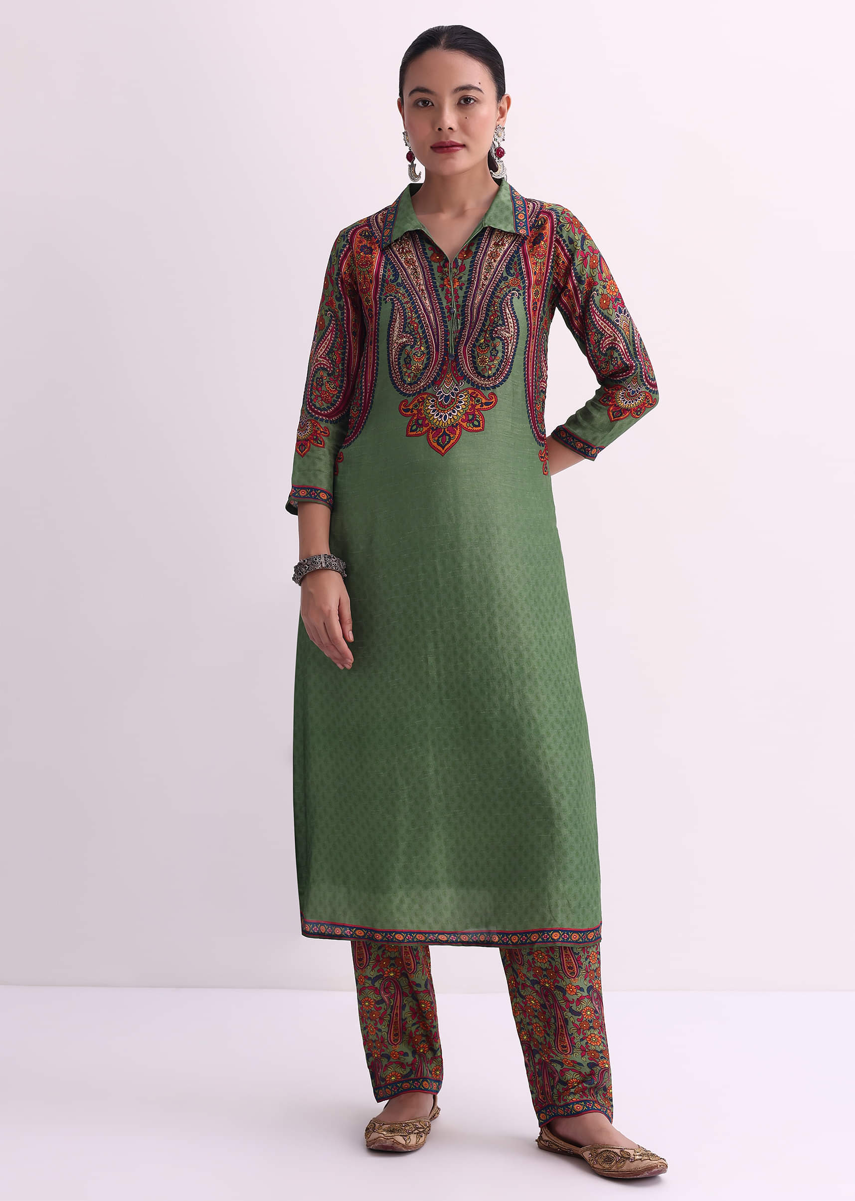 Mehendi Green Sequin Embroidered Silk Kurta With Printed Pant Set - Image 10