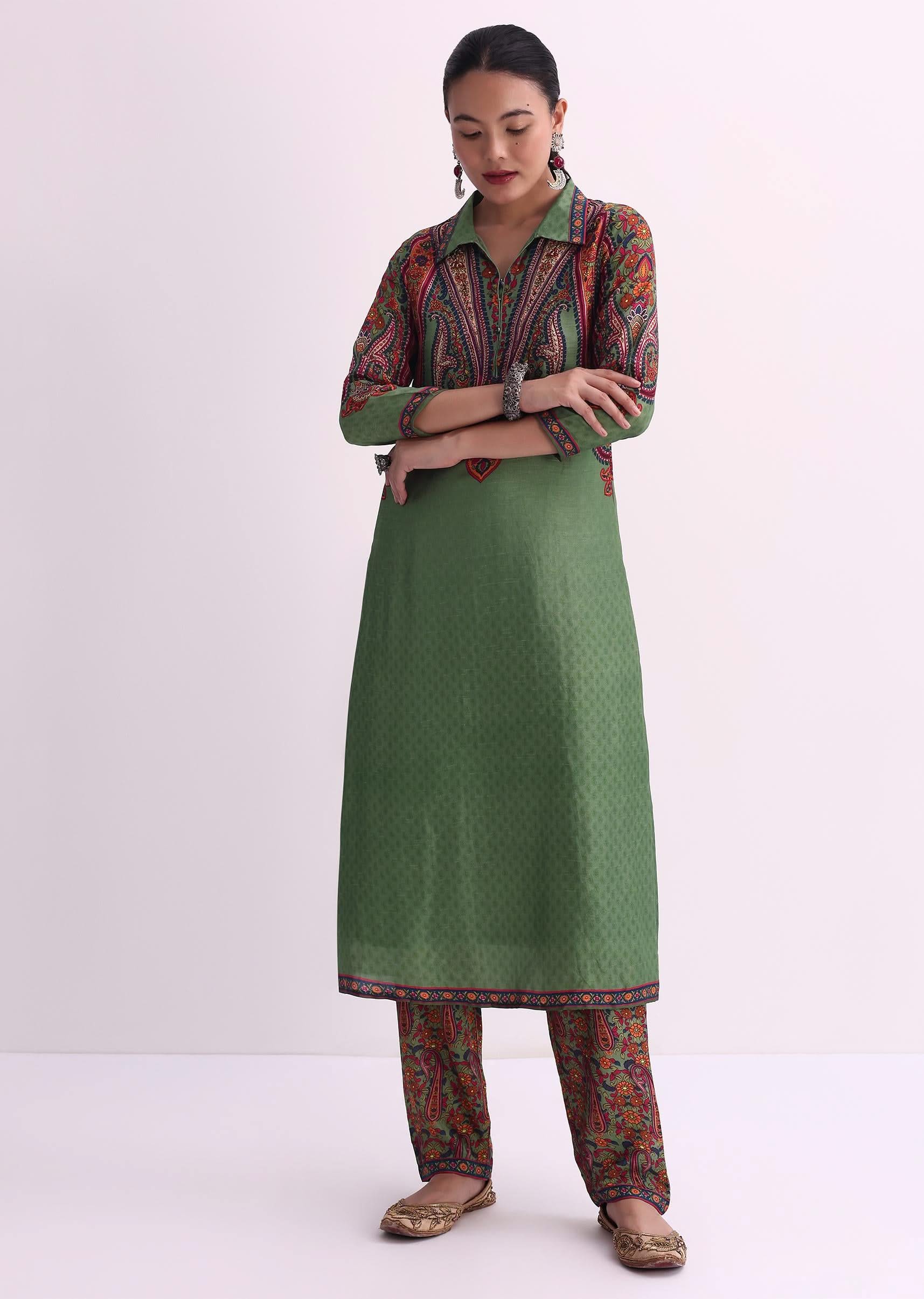 Mehendi Green Sequin Embroidered Silk Kurta With Printed Pant Set - Image 5