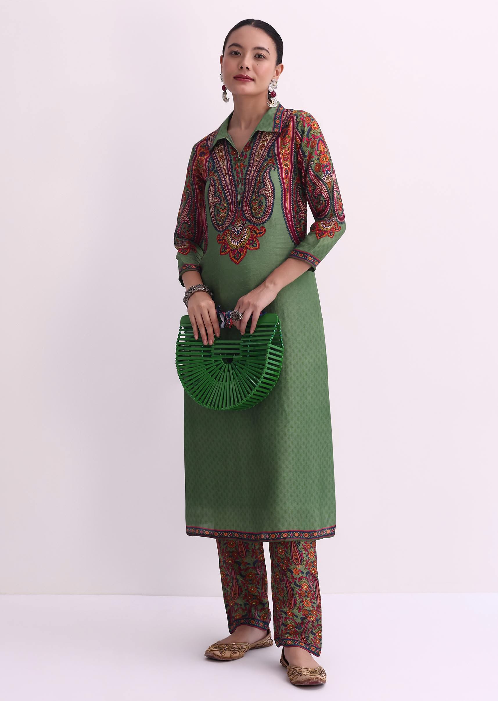 Mehendi Green Sequin Embroidered Silk Kurta With Printed Pant Set - Image 8