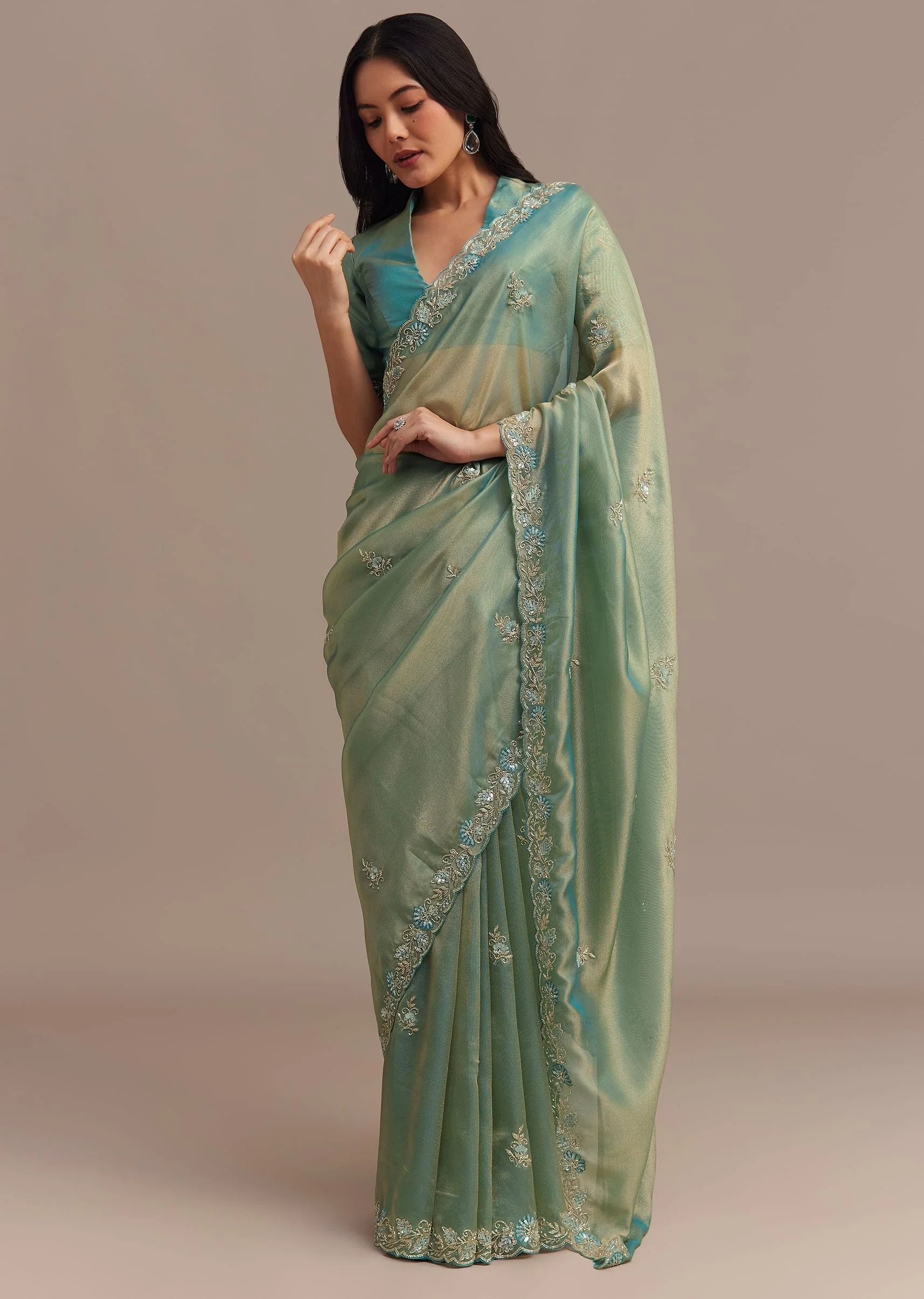 Metallic Sea Green Tissue Organza Saree With Embroidered Border - Image 3