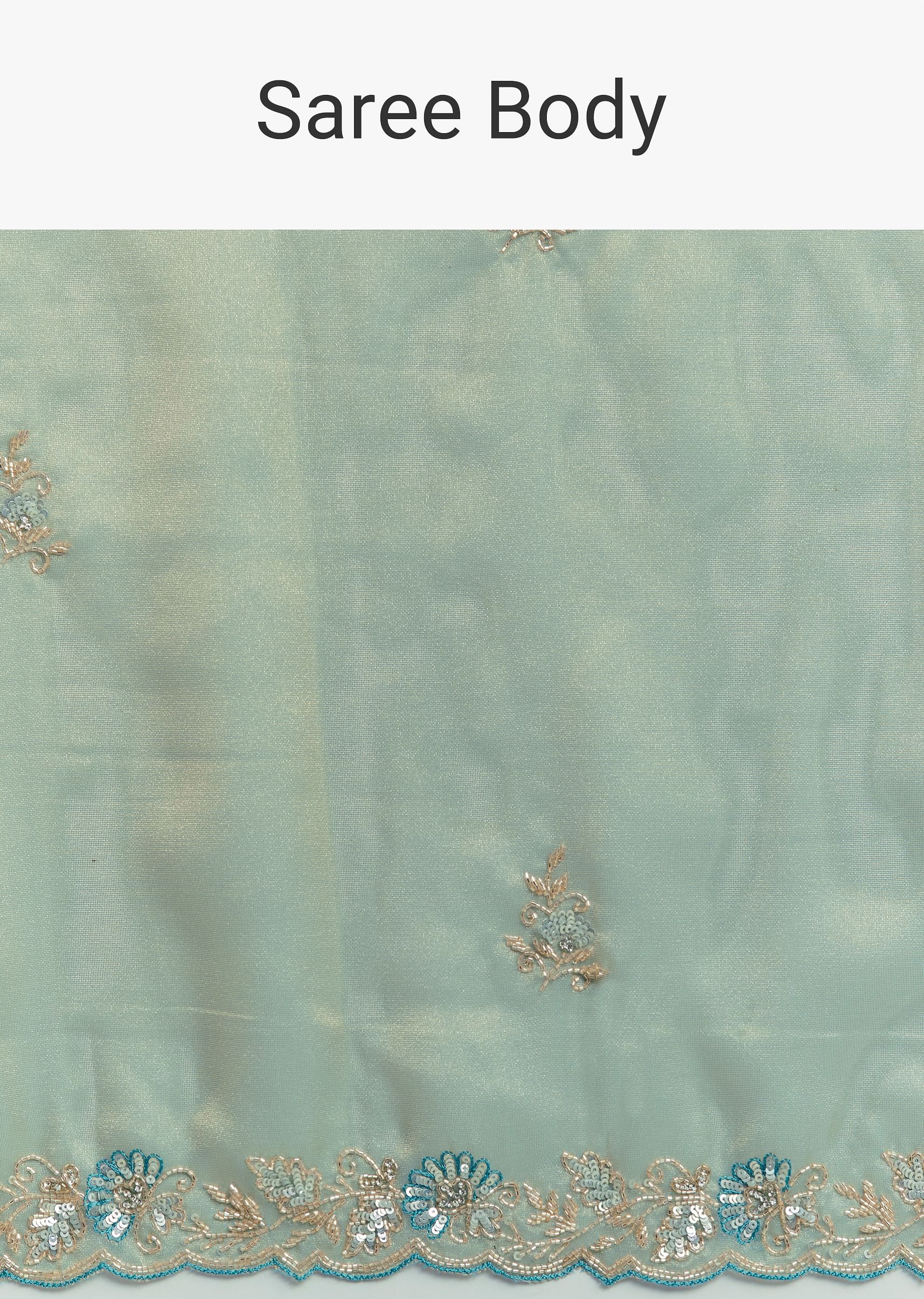 Metallic Sea Green Tissue Organza Saree With Embroidered Border - Image 9