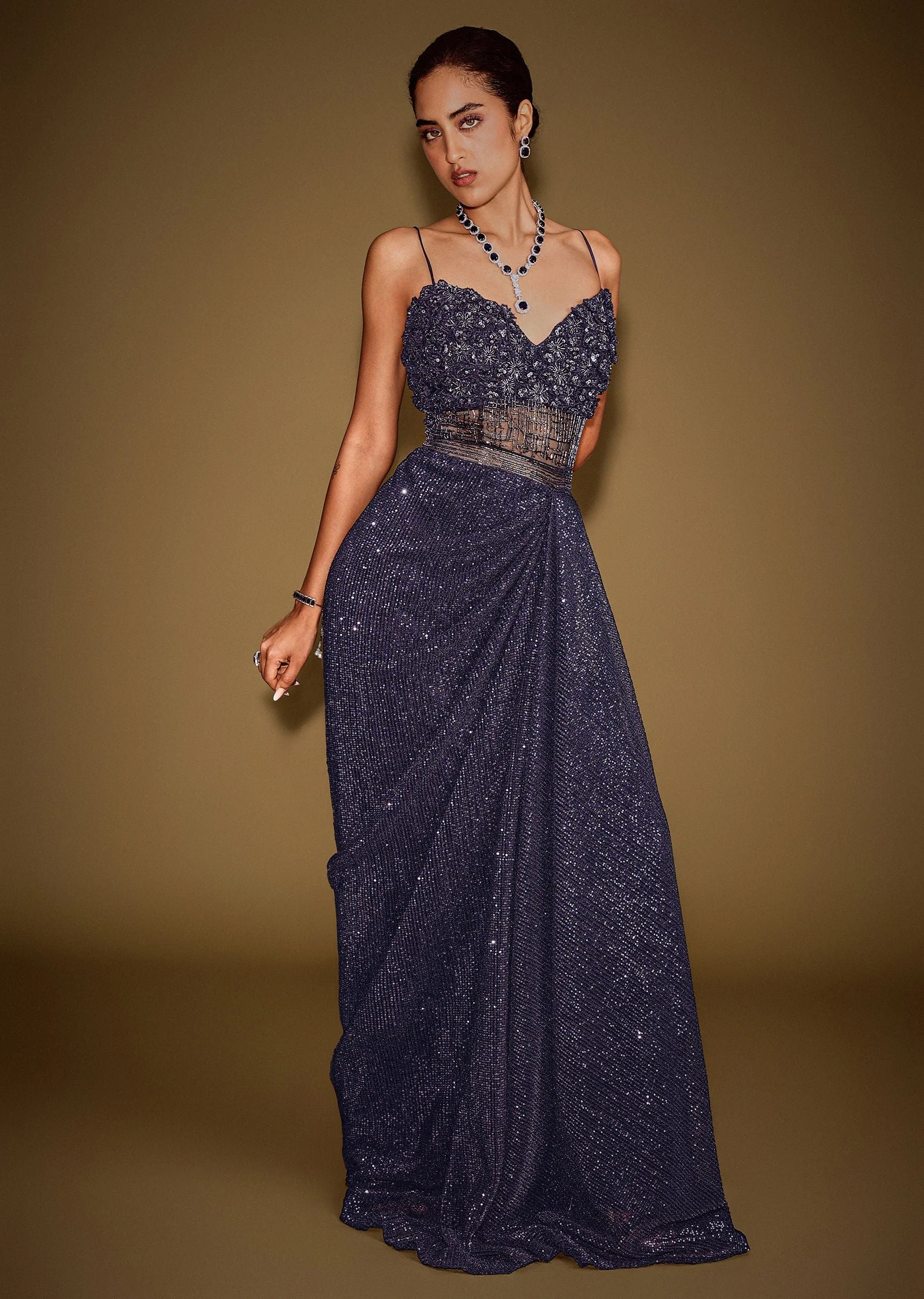 Midnight Blue Corset Gown With Drape And Embroidered Cape - Image 6