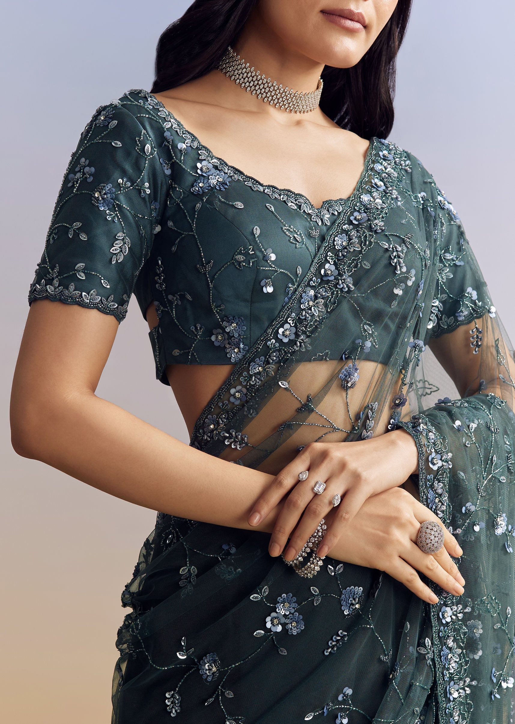 Midnight Blue Net Saree With Floral Jaal And Statement Embroidery - Image 2