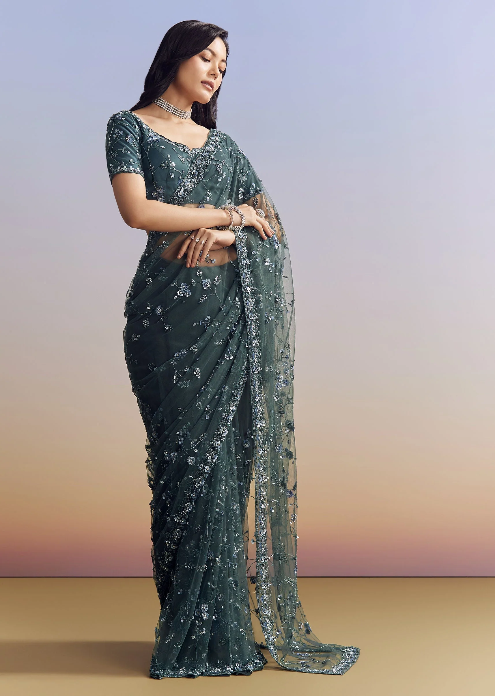 Midnight Blue Net Saree With Floral Jaal And Statement Embroidery - Image 3