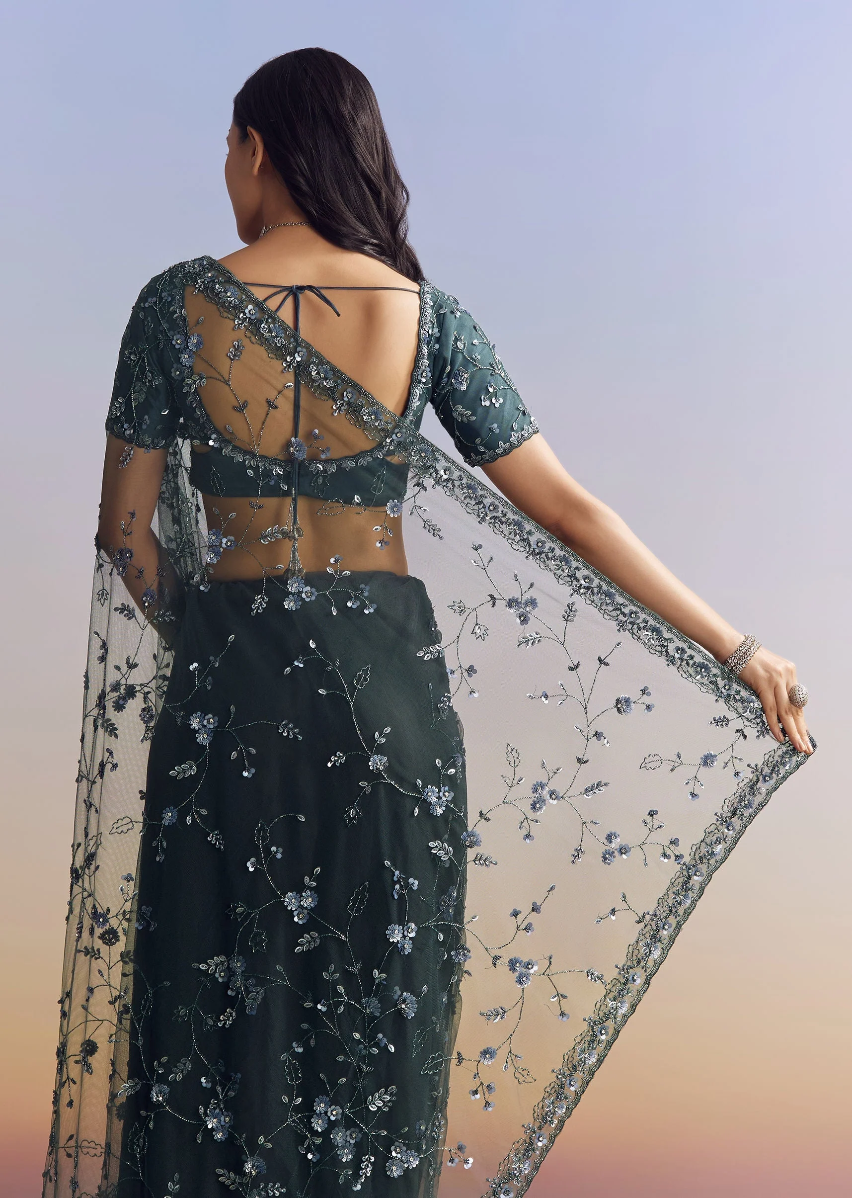 Midnight Blue Net Saree With Floral Jaal And Statement Embroidery - Image 4