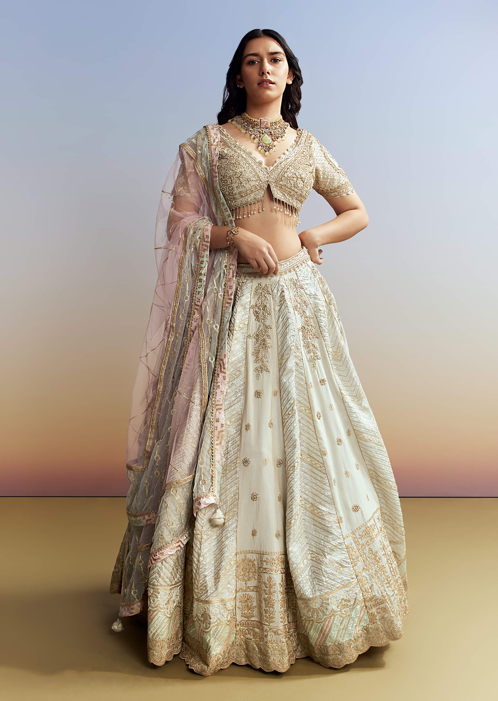 Mint Blue Tissue Embroidered Bridesmaid Lehenga - Image 3