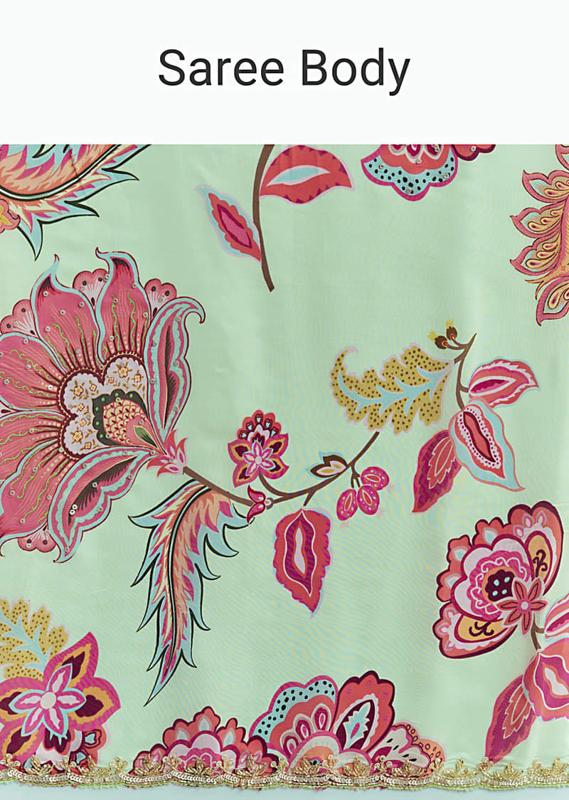 Mint Green Floral Crepe Saree With Scallop Border - Image 9