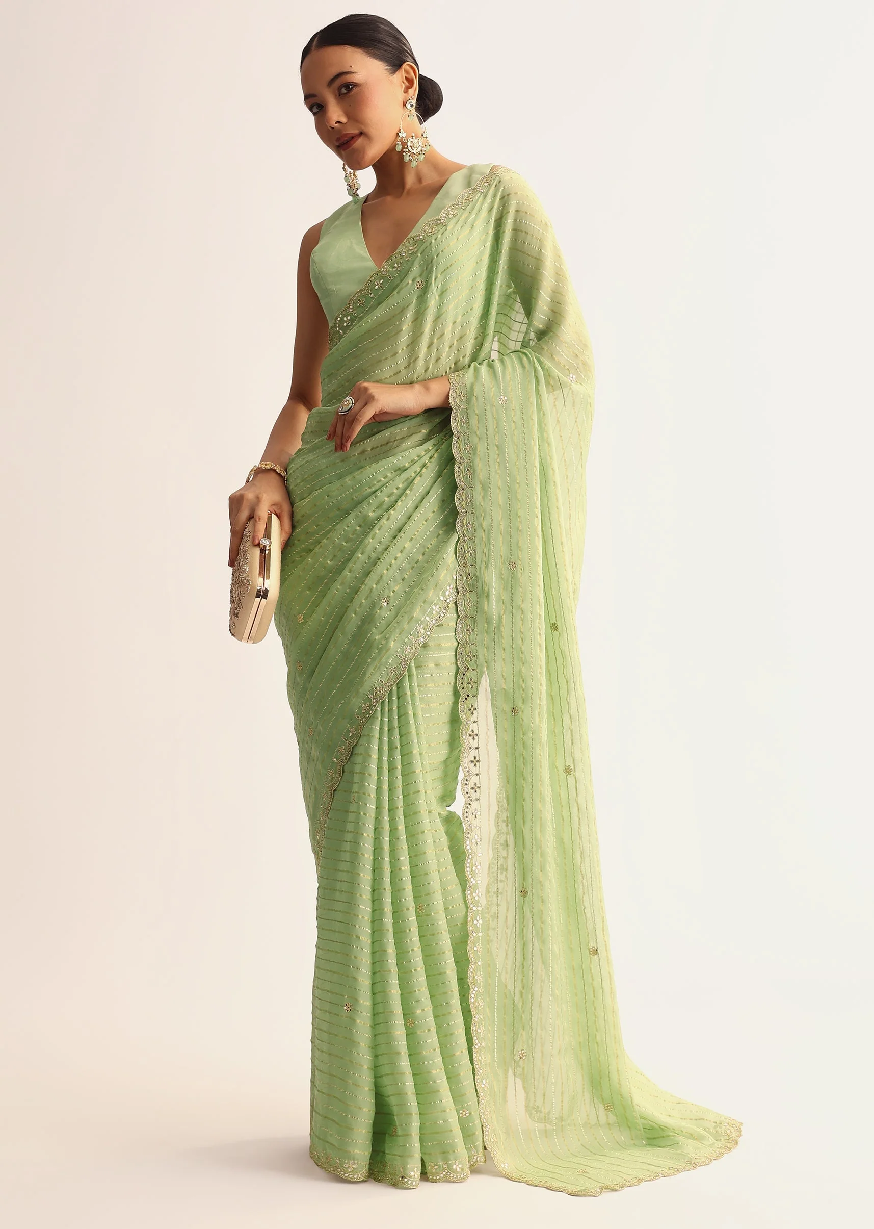 Mint Green Scallop Bordered Saree With Foil Printed Stripes - Image 10