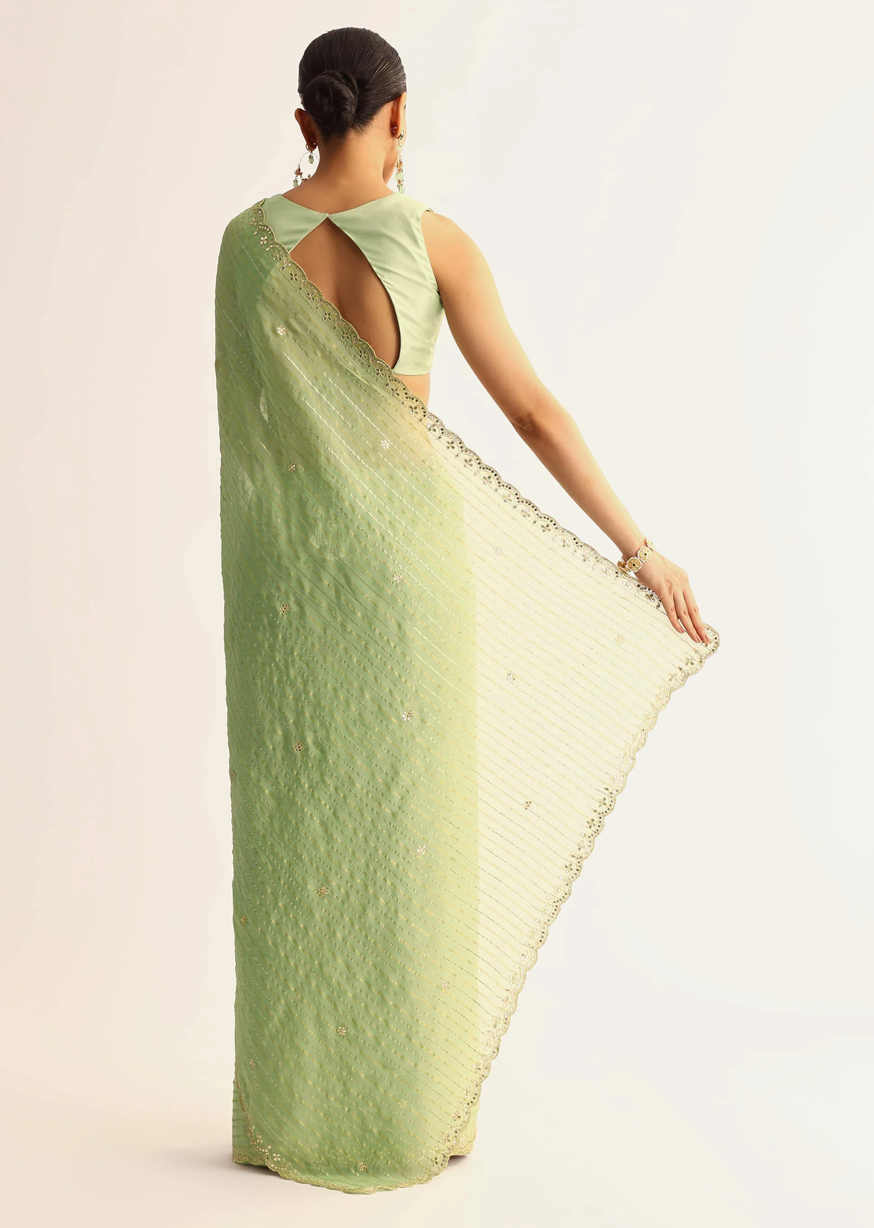 Mint Green Scallop Bordered Saree With Foil Printed Stripes - Image 6