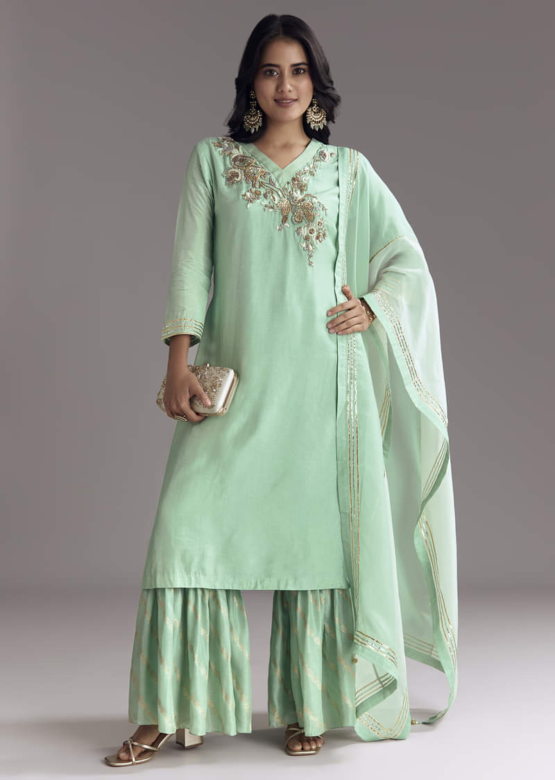 Mint Green Silk Kurta Sharara Set With Gotta Work