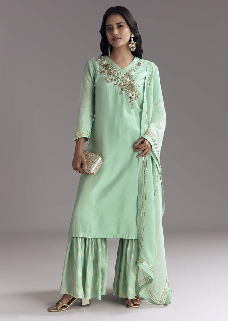 Mint Green Silk Kurta Sharara Set With Gotta Work - Image 3